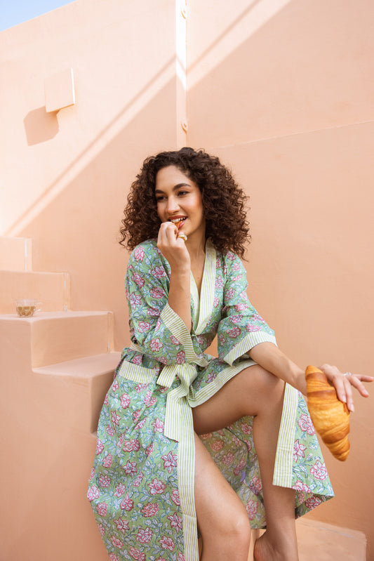 PISTACHIO GREEN FLORAL COTTON ROBE