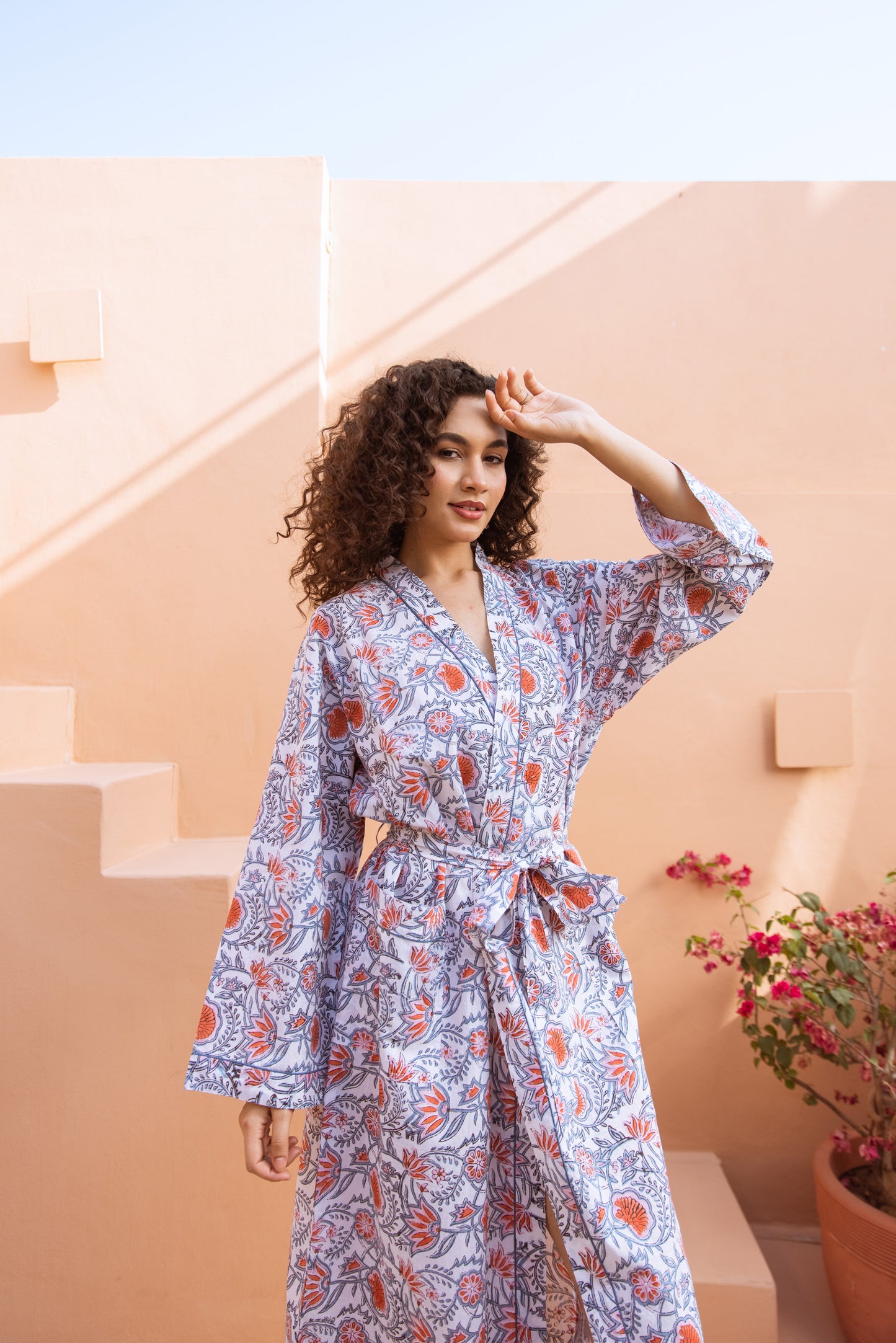 CORAL LOTUS VINE COTTON ROBE