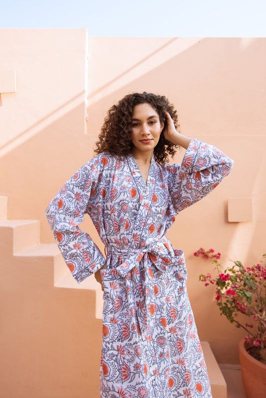 CORAL LOTUS VINE COTTON ROBE