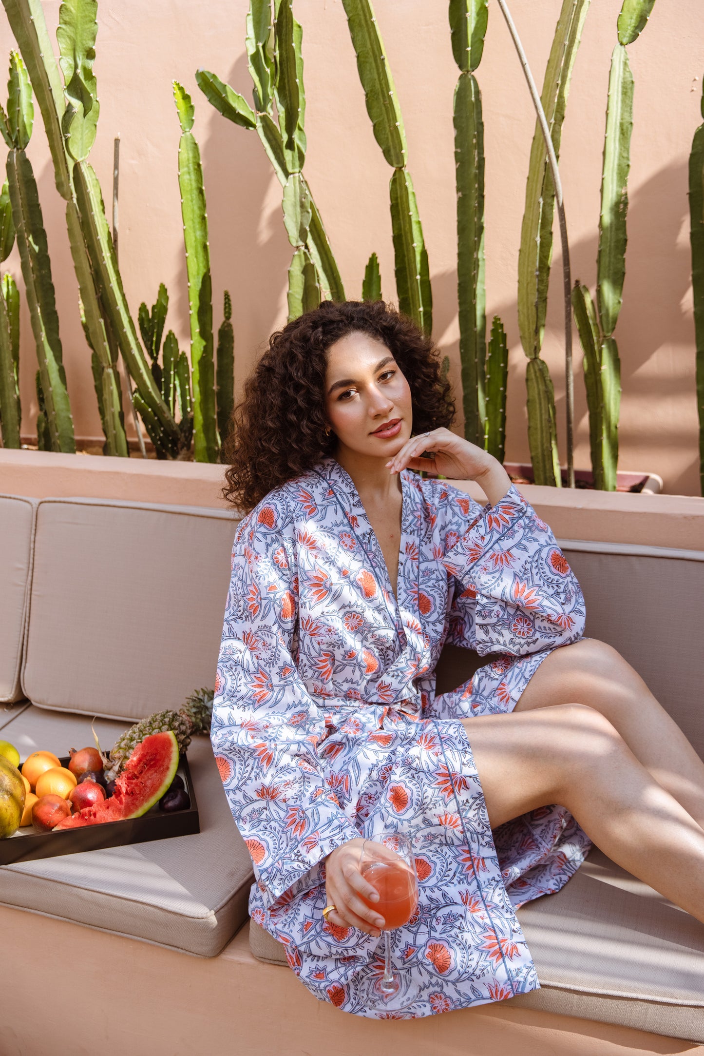 CORAL LOTUS VINE COTTON ROBE