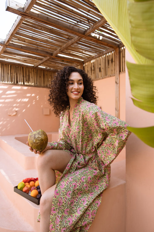 GREEN & PINK FLORAL COTTON ROBE
