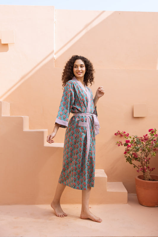 TURQUOISE ROSE FLORAL COTTON ROBE