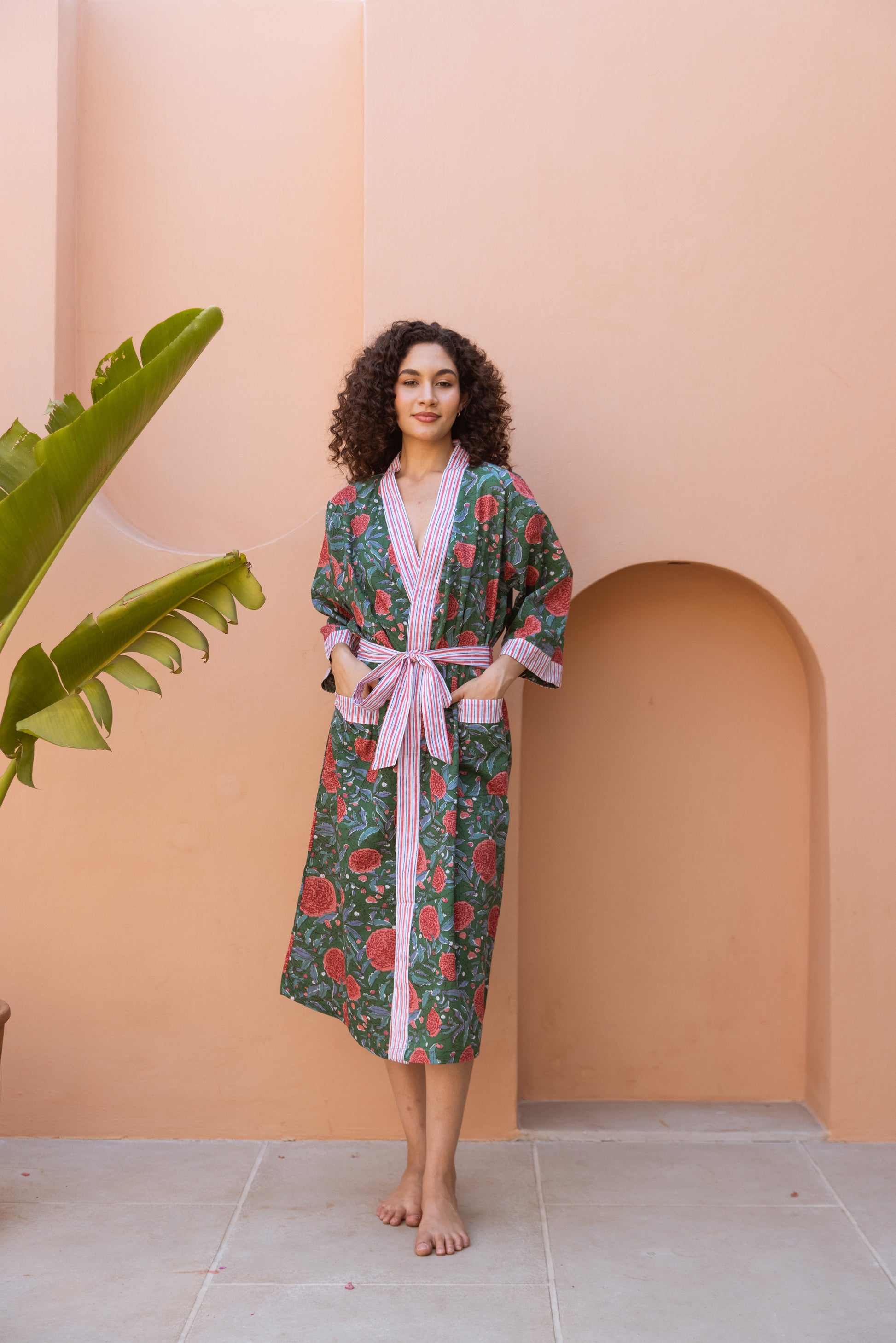 Forest Green Floral Block Print Dressing Gown - Rooh London L/XL Forest Green Floral Block Print Dressing Gown - Rooh London L/XL