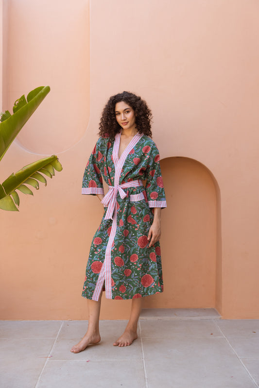 FOREST GREEN FLORAL COTTON ROBE