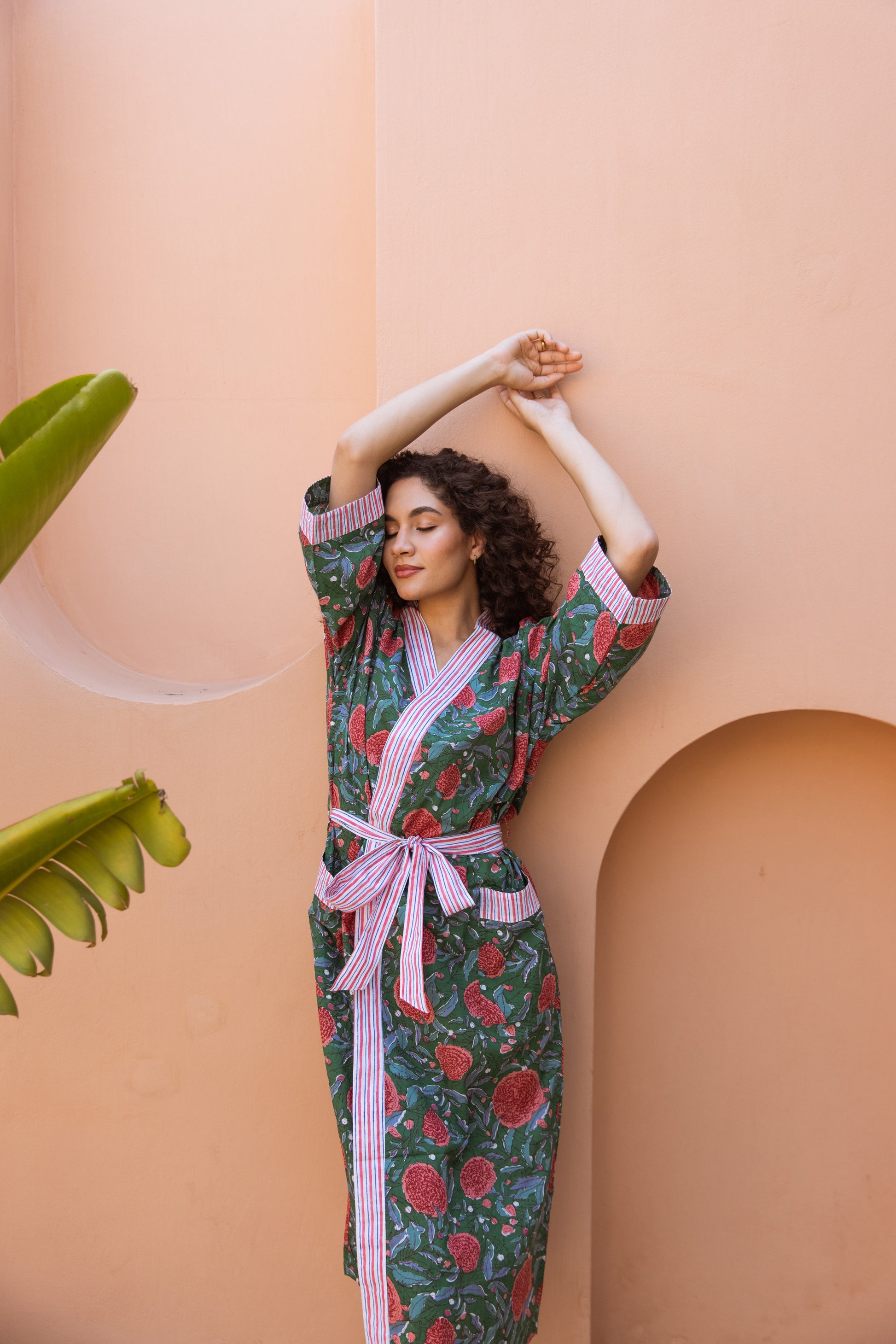 Forest Green Floral Block Print Dressing Gown - Rooh London L/XL Forest Green Floral Block Print Dressing Gown - Rooh London L/XL