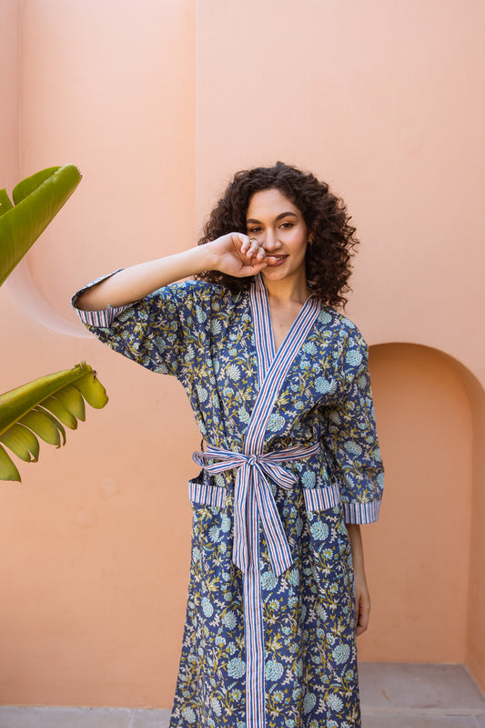 MIDNIGHT BLUE FLORAL COTTON ROBE