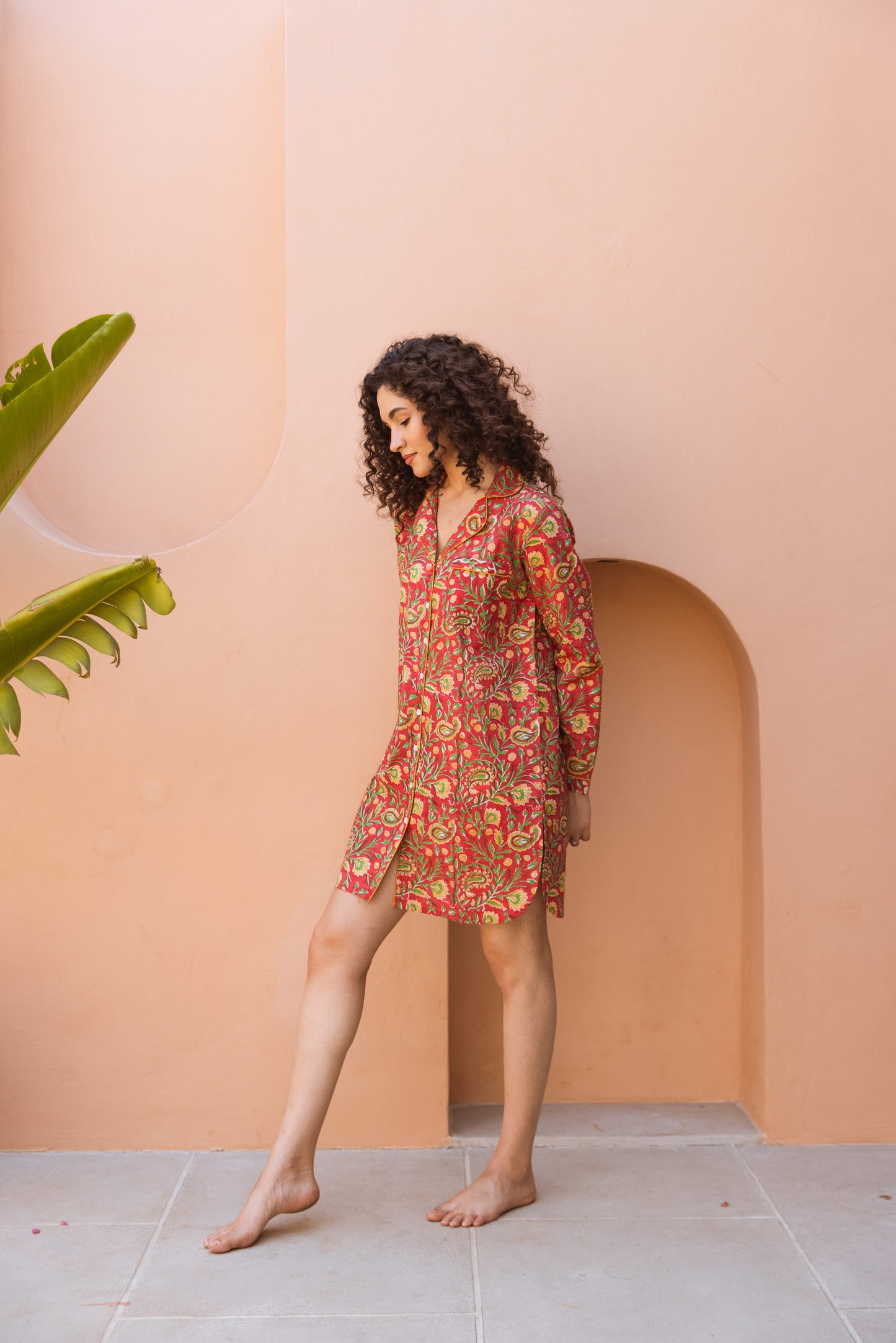 RED PAISLEY BLOCK PRINT COTTON NIGHTSHIRT