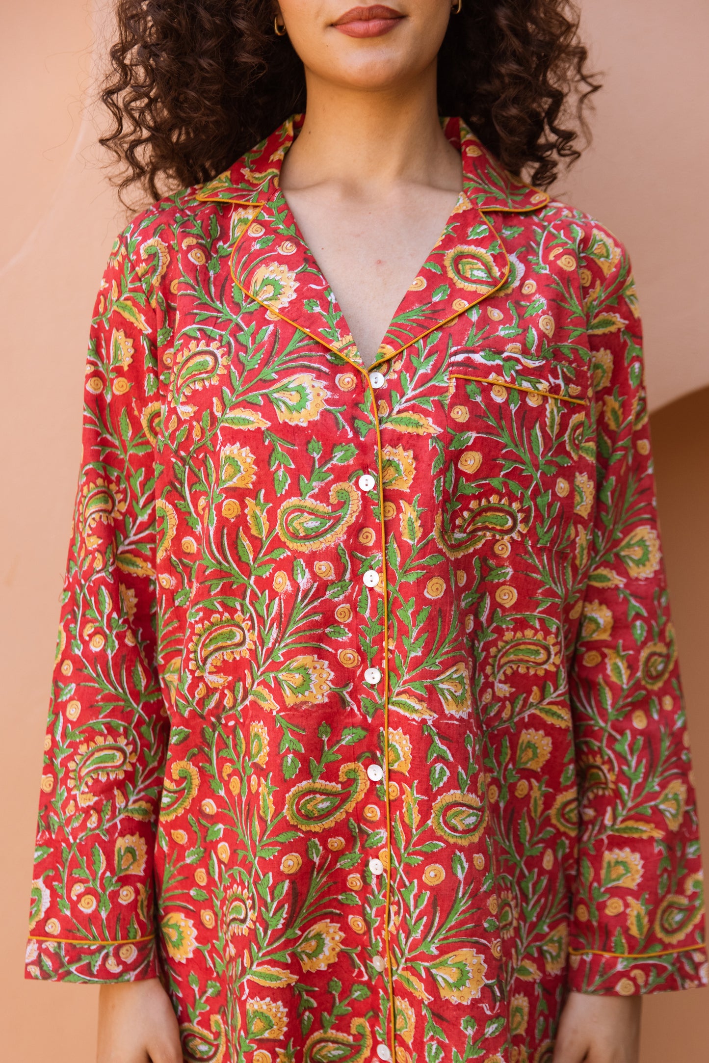 RED PAISLEY BLOCK PRINT COTTON NIGHTSHIRT