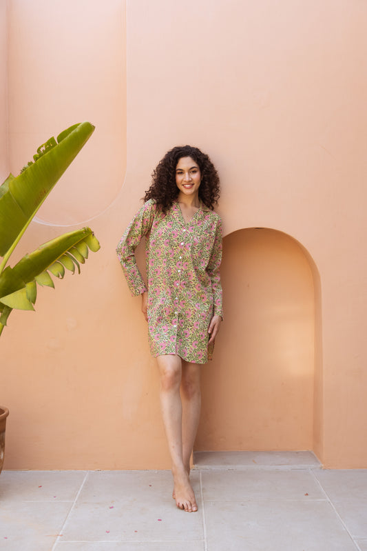 GREEN & PINK FLORAL BLOCK PRINT COTTON NIGHTSHIRT
