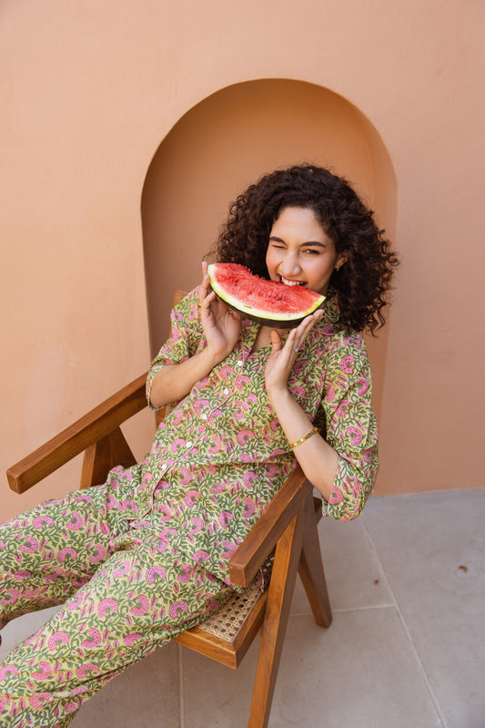 GREEN & PINK FLORAL LONG PJ SET