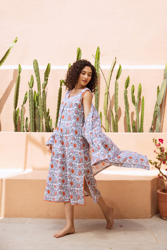 CORAL LOTUS VINE COTTON NIGHTIE