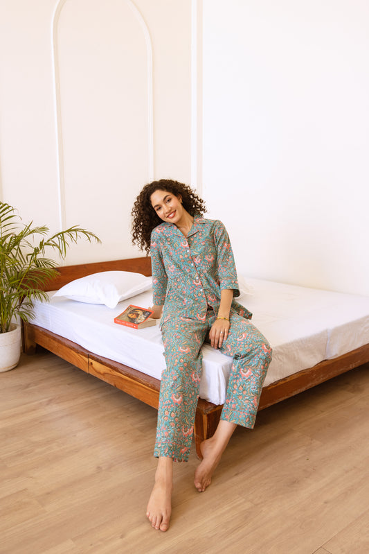 TURQUOISE & CORAL FLORAL LONG PJ SET