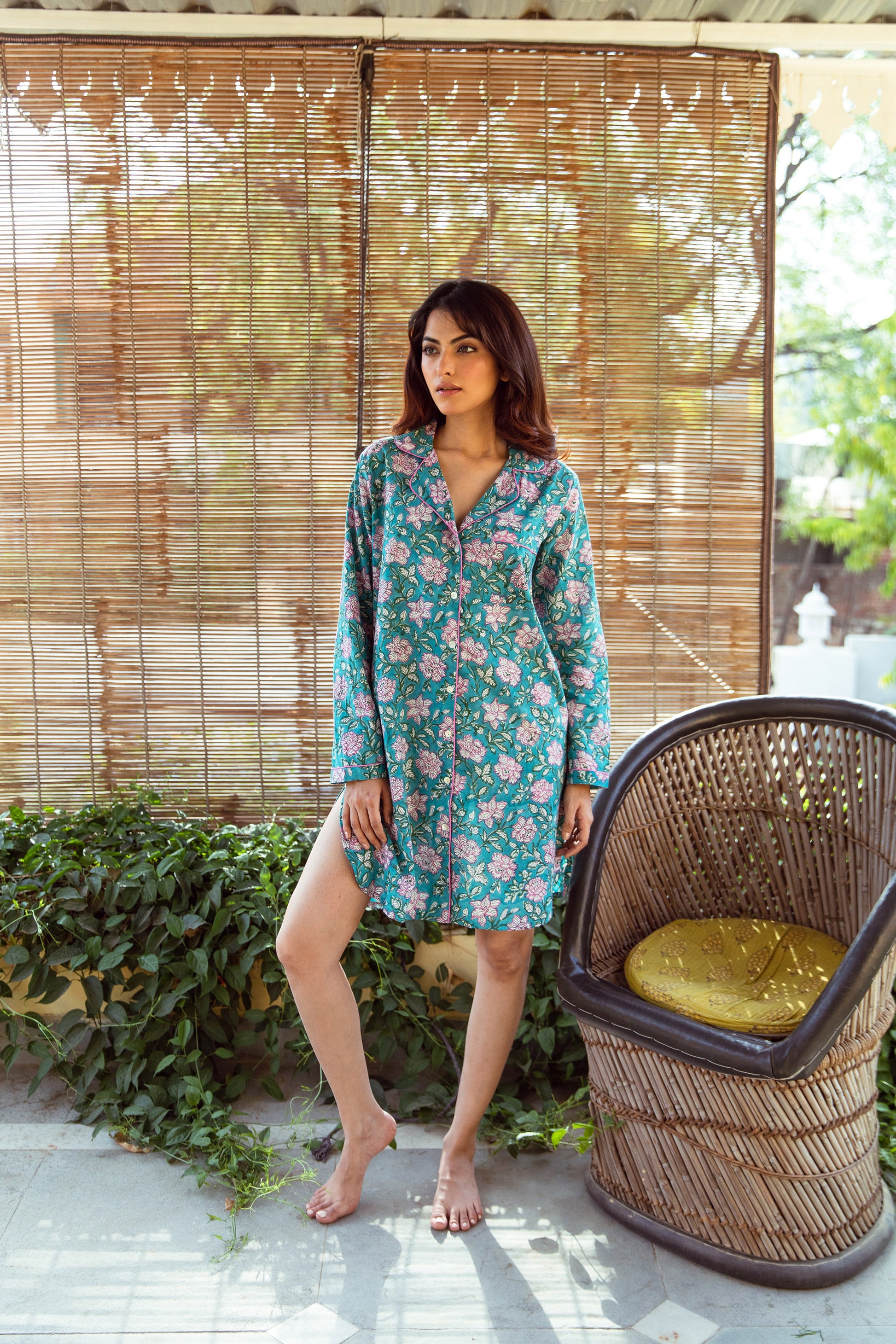 DARK TURQUOISE FLORAL VINE BLOCK PRINT COTTON NIGHTSHIRT

