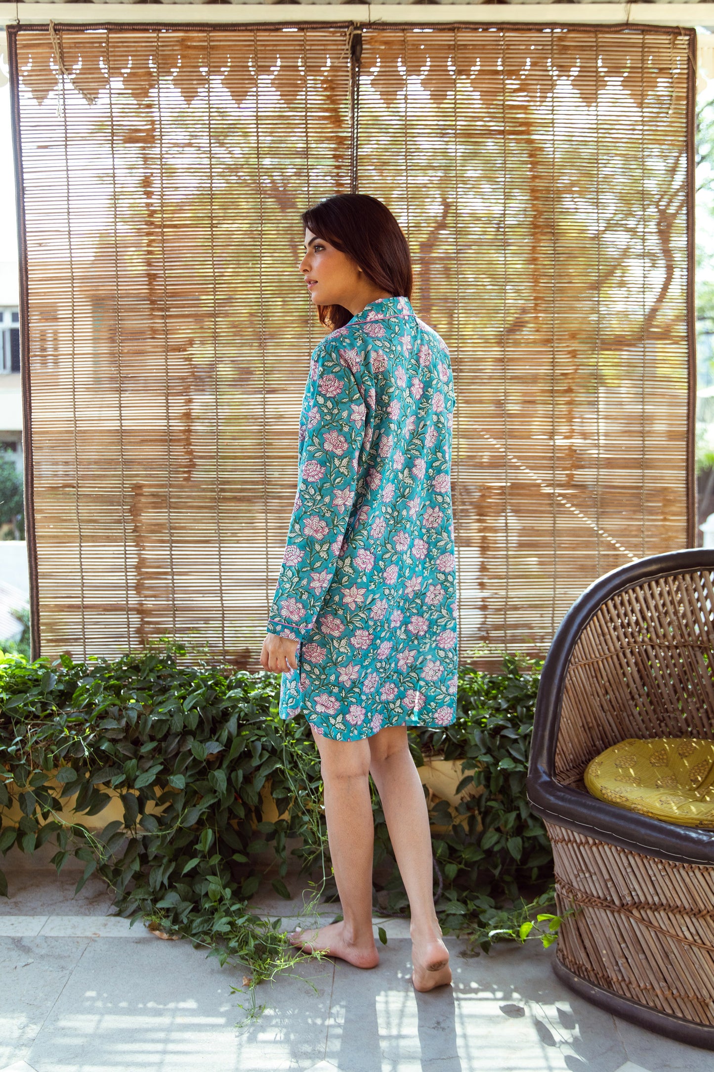 DARK TURQUOISE FLORAL VINE BLOCK PRINT COTTON NIGHTSHIRT