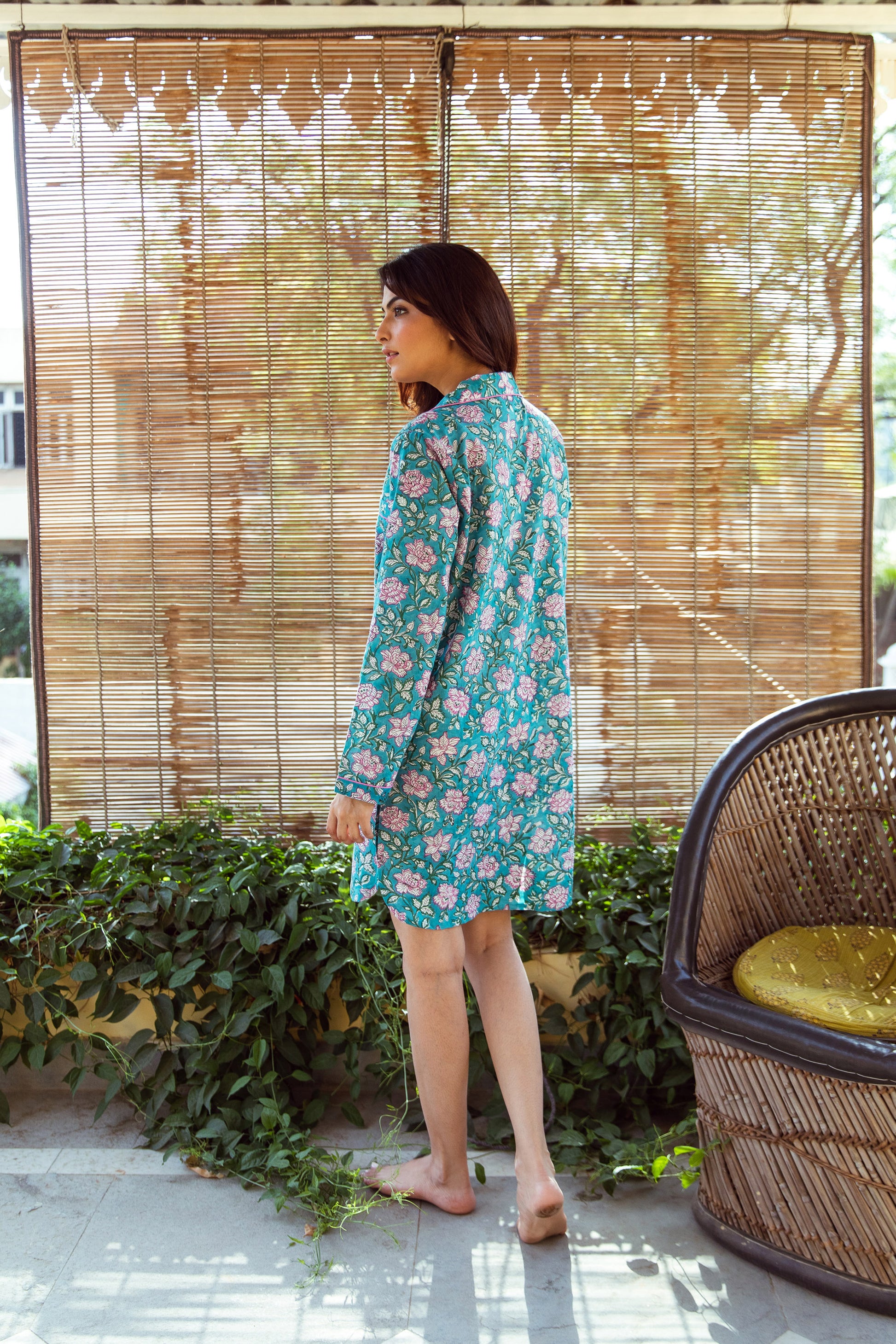 DARK TURQUOISE FLORAL VINE BLOCK PRINT COTTON NIGHTSHIRT
