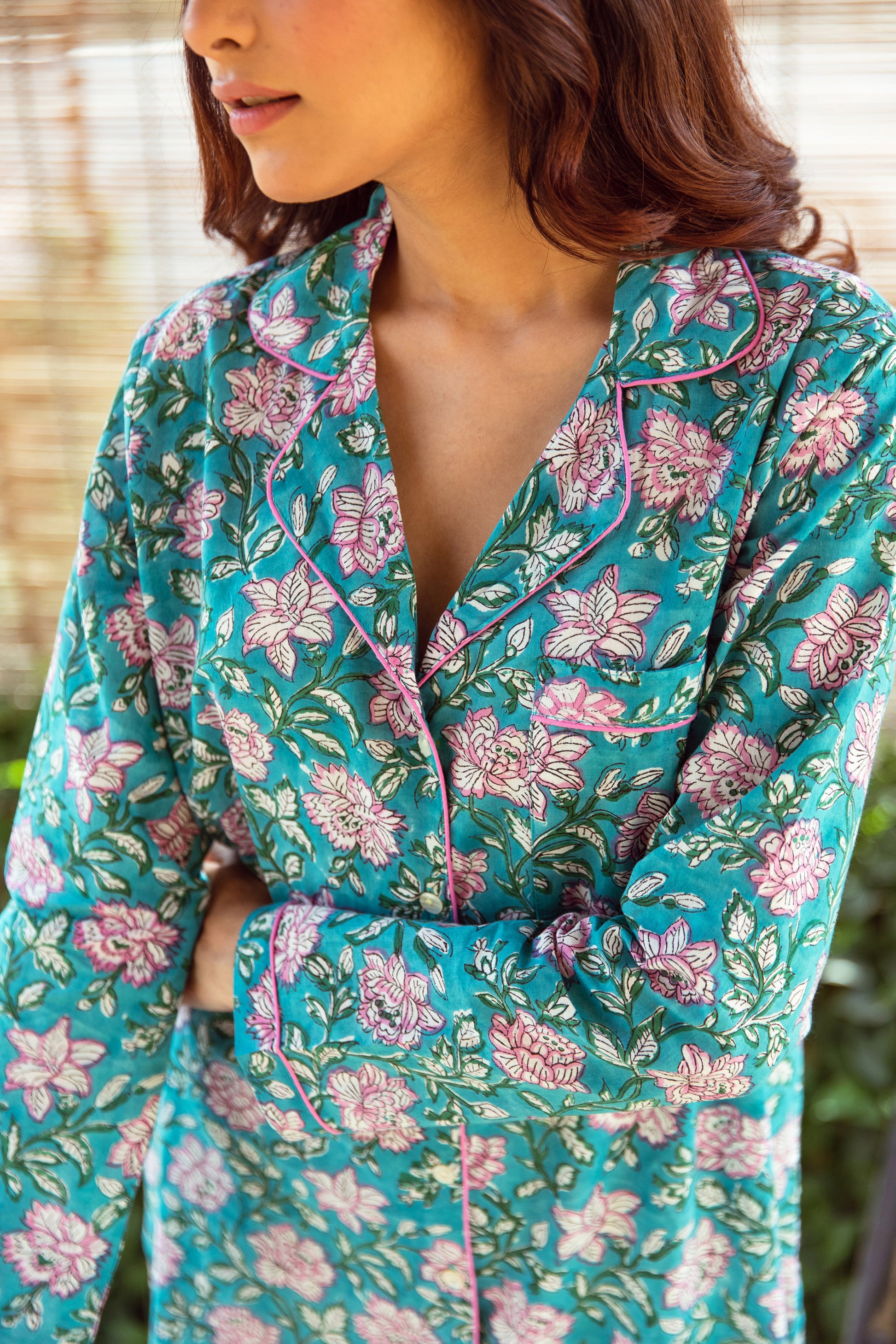 DARK TURQUOISE FLORAL VINE BLOCK PRINT COTTON NIGHTSHIRT

