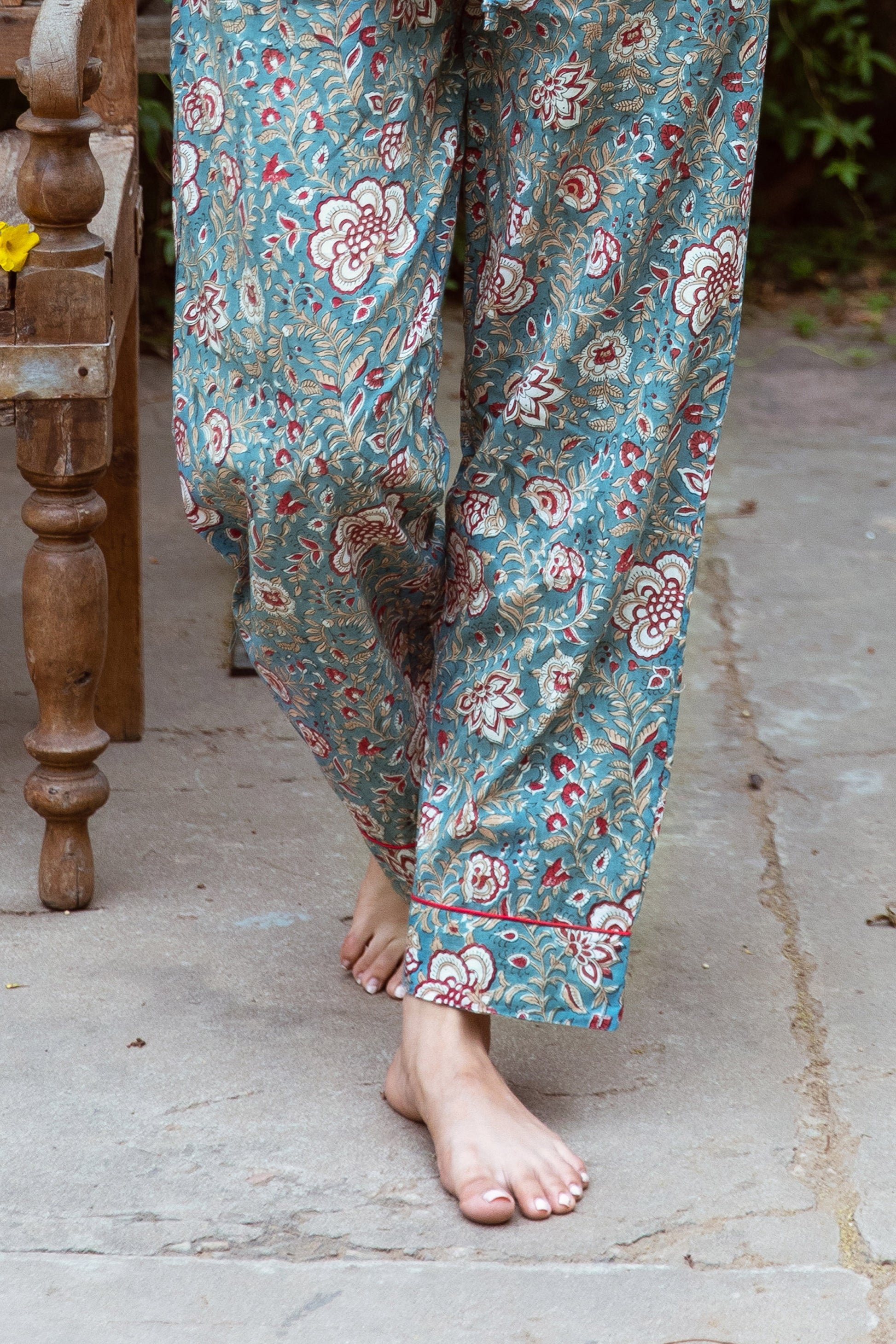 MAROON AND EGGSHELL BLUE BLOCK PRINT LONG PJ SET
