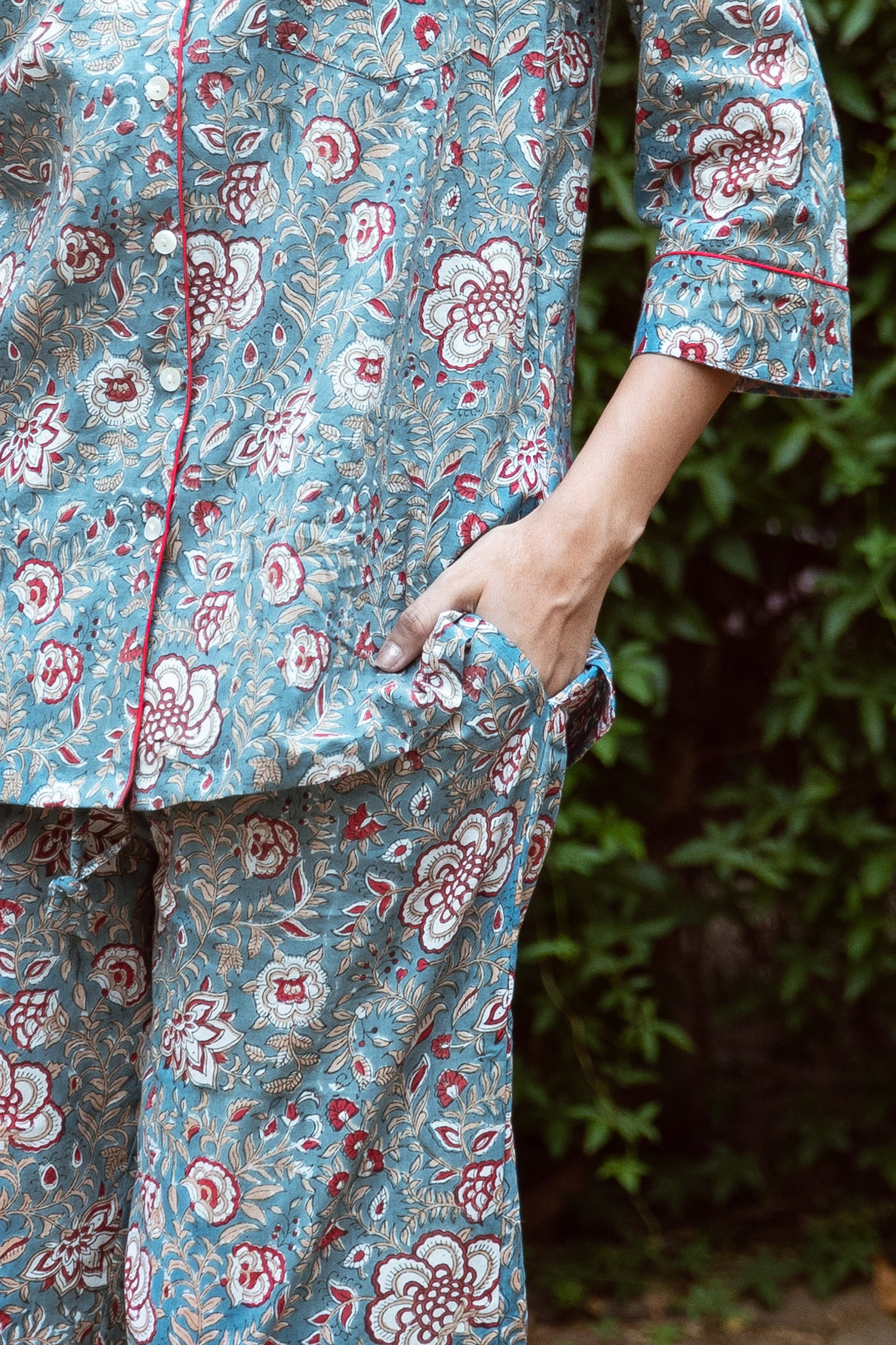 MAROON AND EGGSHELL BLUE BLOCK PRINT LONG PJ SET
