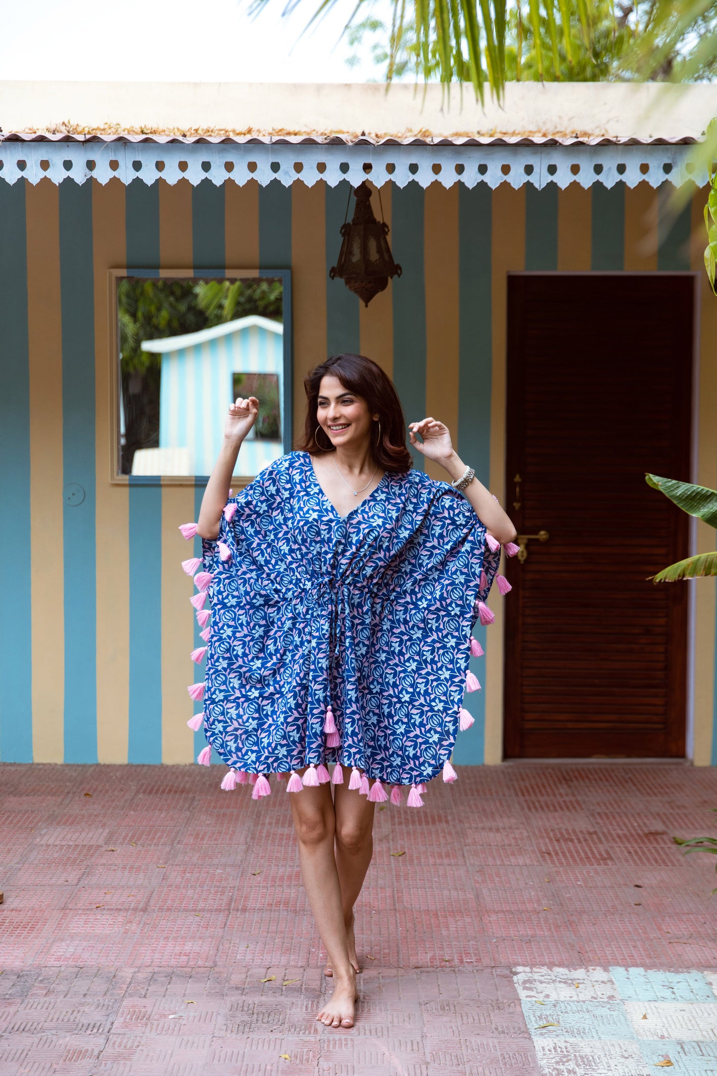 KIARA BLOCK PRINT KAFTAN IN PINK & BLUE FLORAL VINE