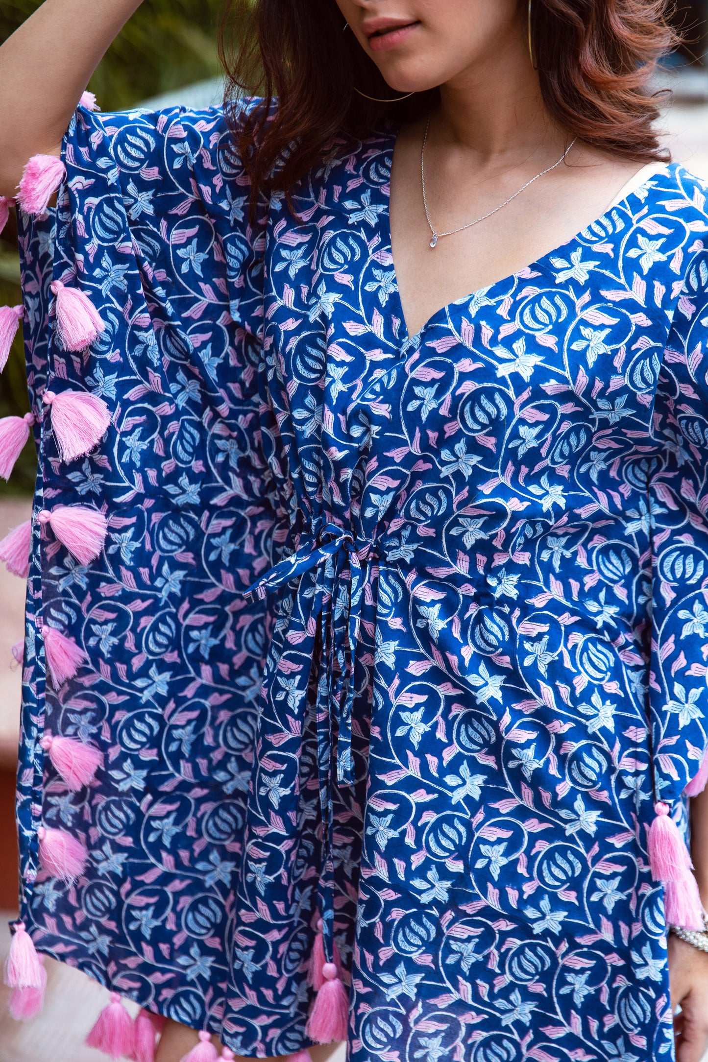 KIARA BLOCK PRINT KAFTAN IN PINK & BLUE FLORAL VINE