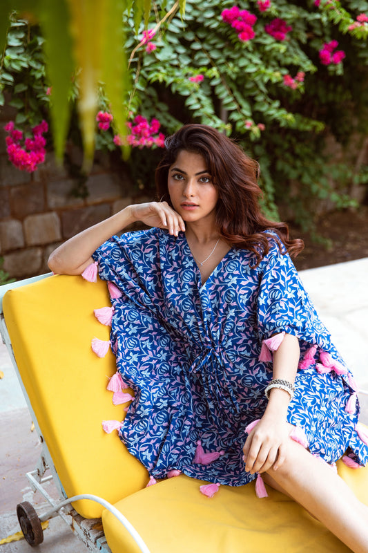 KIARA BLOCK PRINT KAFTAN IN PINK & BLUE FLORAL VINE