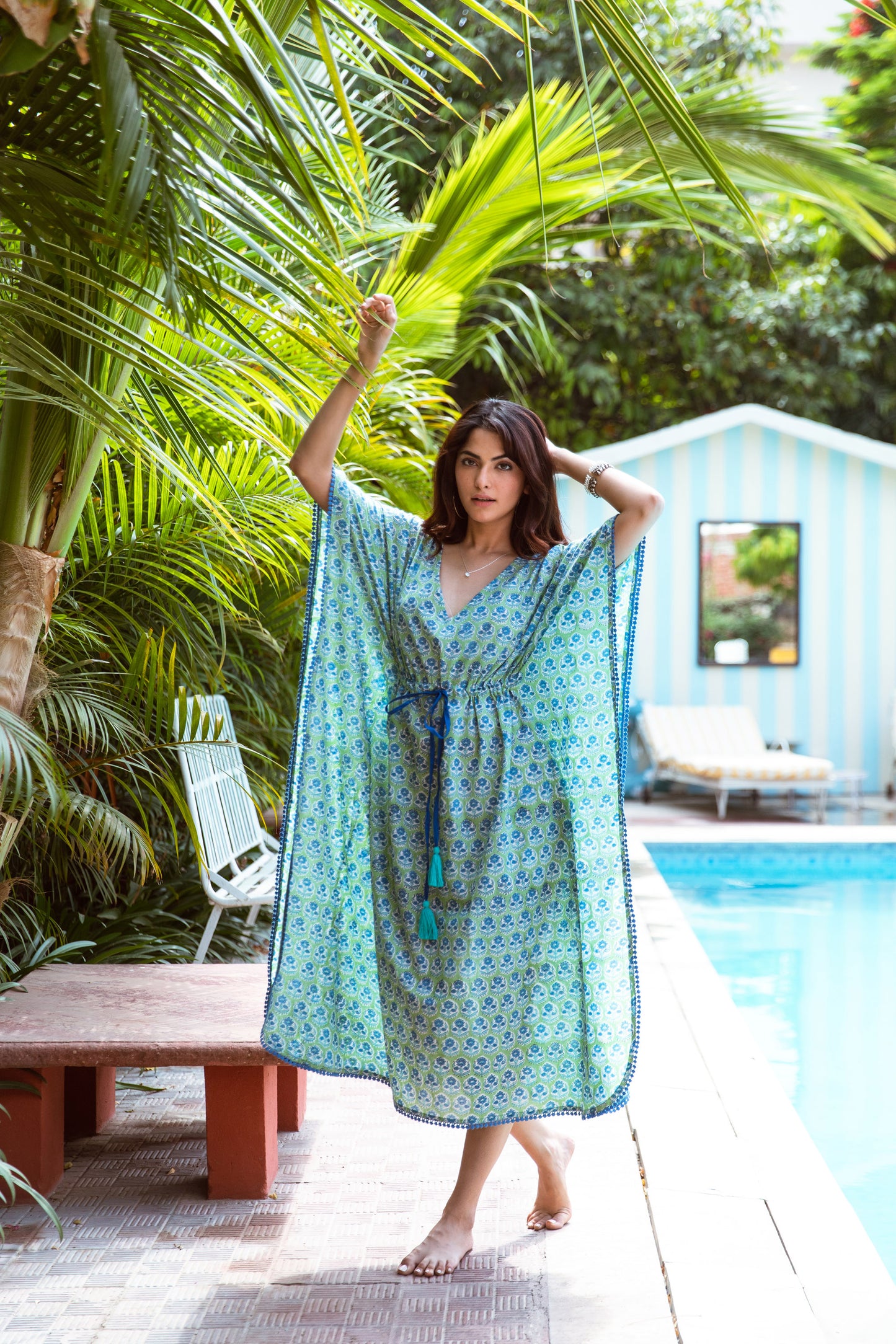 ALIA BLOCK PRINT KAFTAN IN GREEN & BLUE FLORAL BOOTI