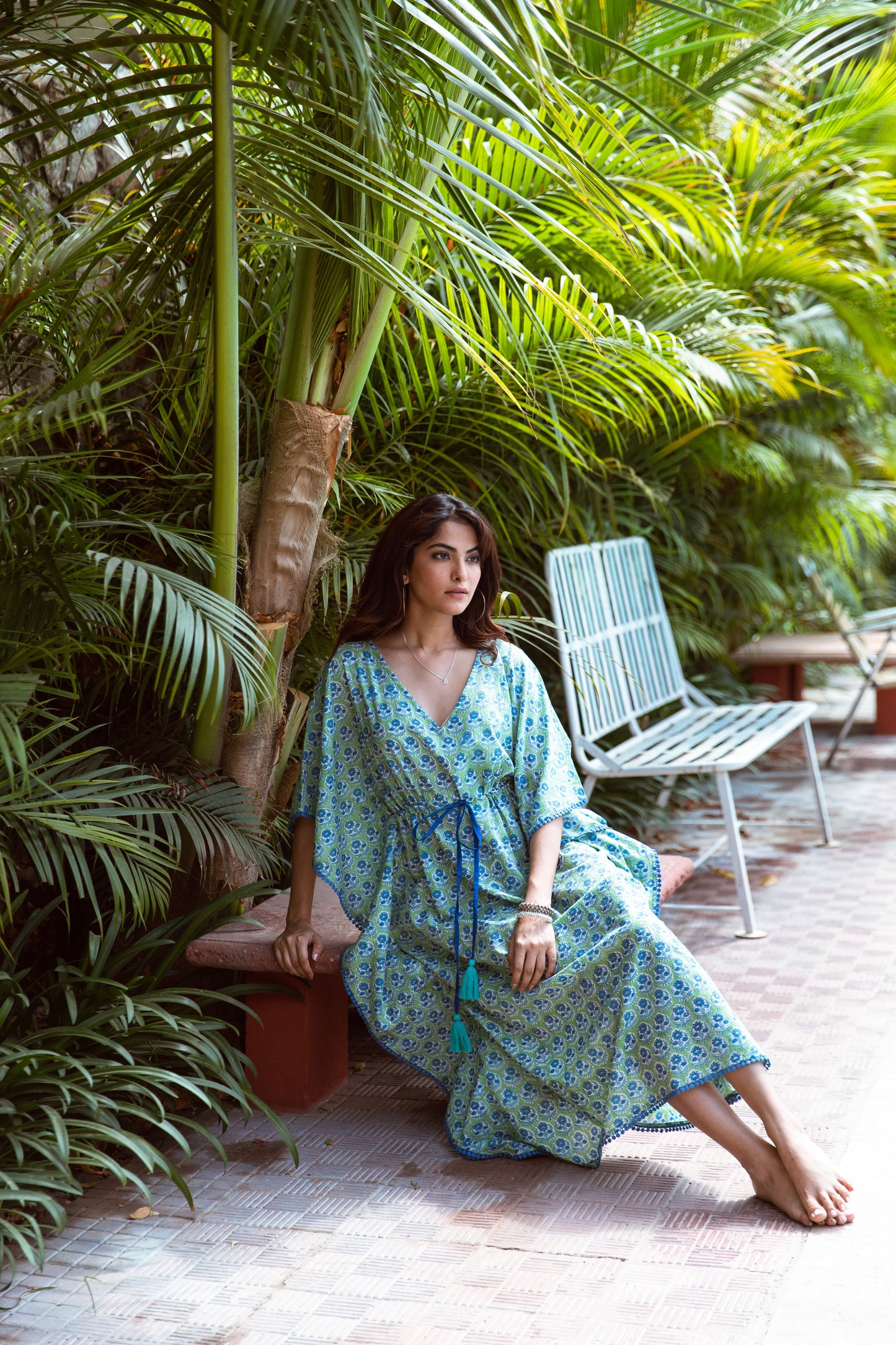 ALIA BLOCK PRINT KAFTAN IN GREEN & BLUE FLORAL BOOTI