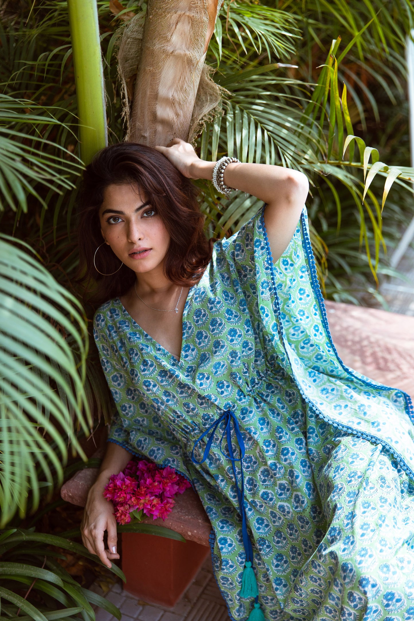 ALIA BLOCK PRINT KAFTAN IN GREEN & BLUE FLORAL BOOTI