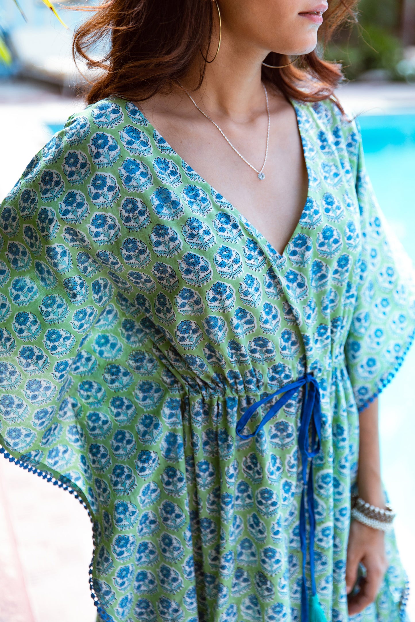 ALIA BLOCK PRINT KAFTAN IN GREEN & BLUE FLORAL BOOTI