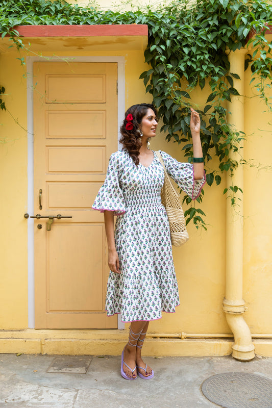 LEILA BLOCK PRINT COTTON MIDI DRESS  - WHITE & PINK BOOTI