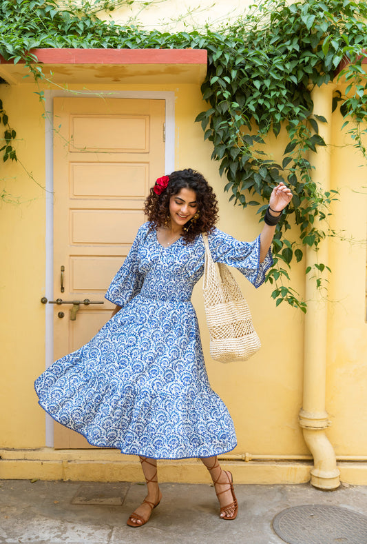 LEILA BLOCK PRINT COTTON MIDI DRESS  - BLUE JAAL