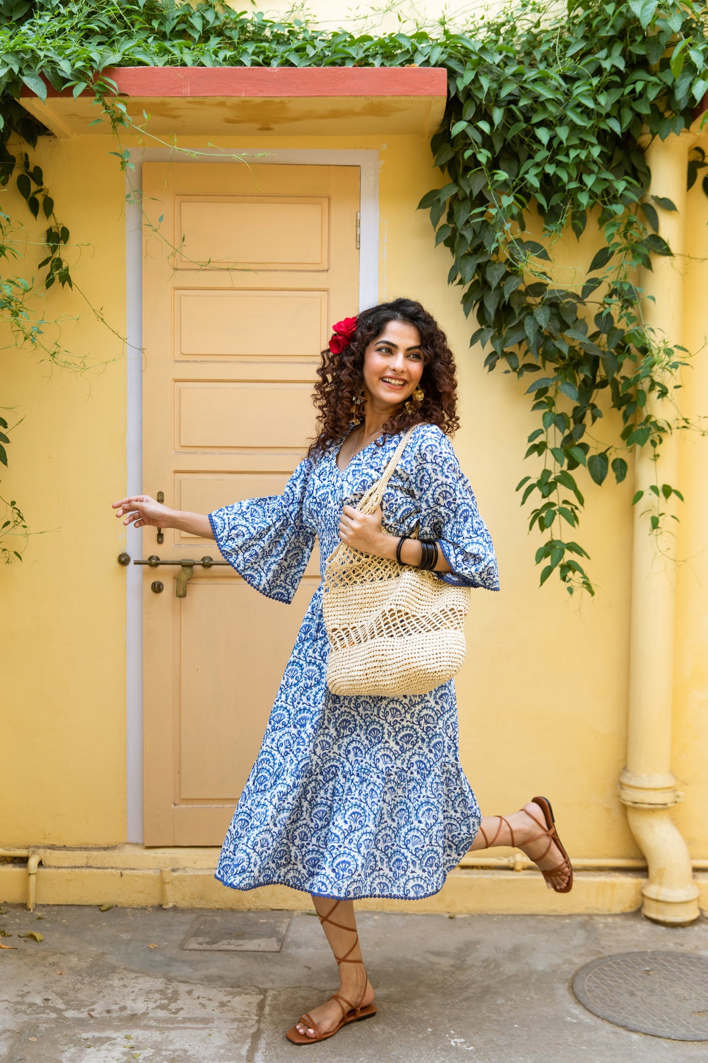 LEILA BLOCK PRINT COTTON MIDI DRESS  - BLUE JAAL