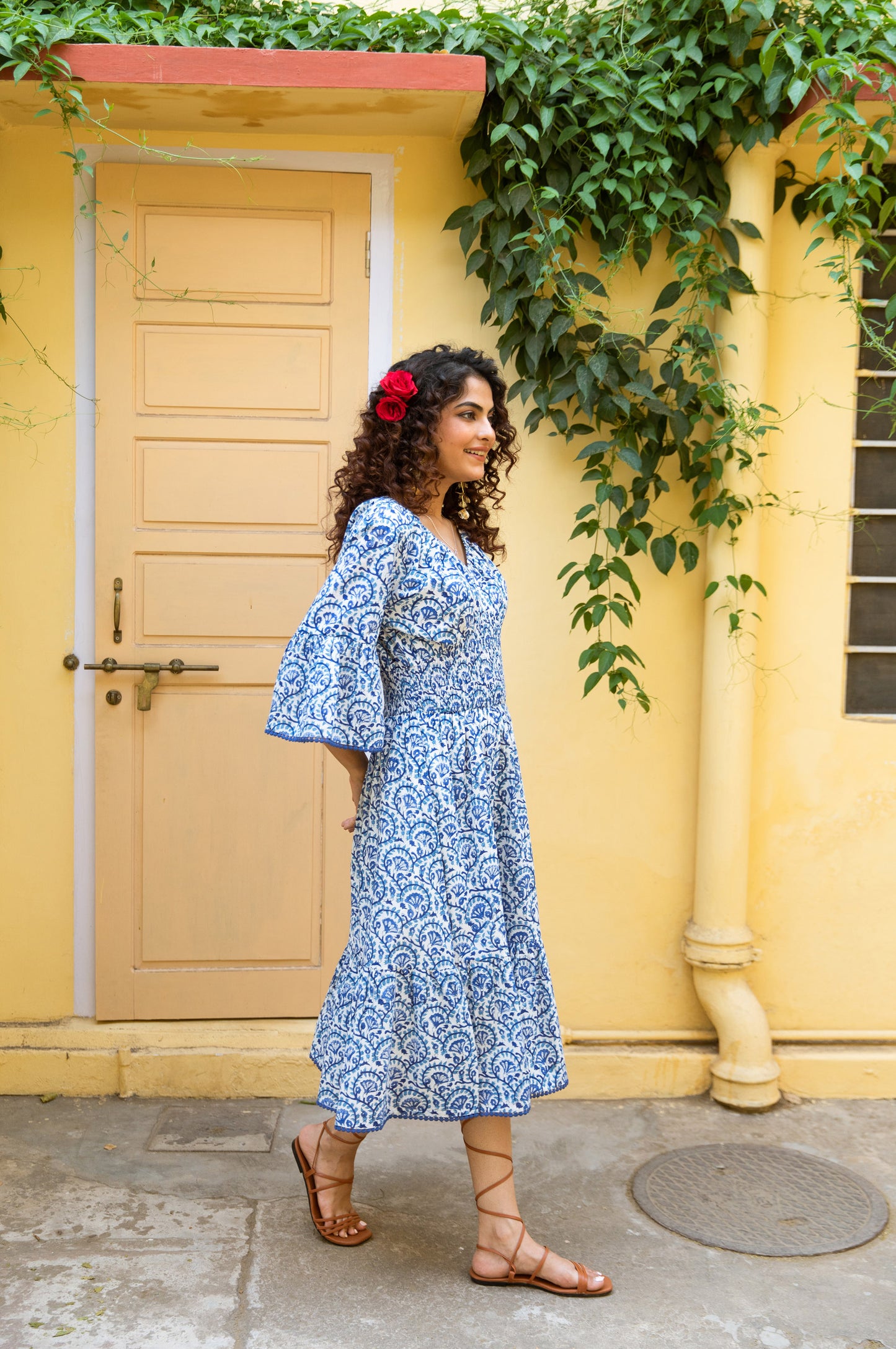 LEILA BLOCK PRINT COTTON MIDI DRESS  - BLUE JAAL