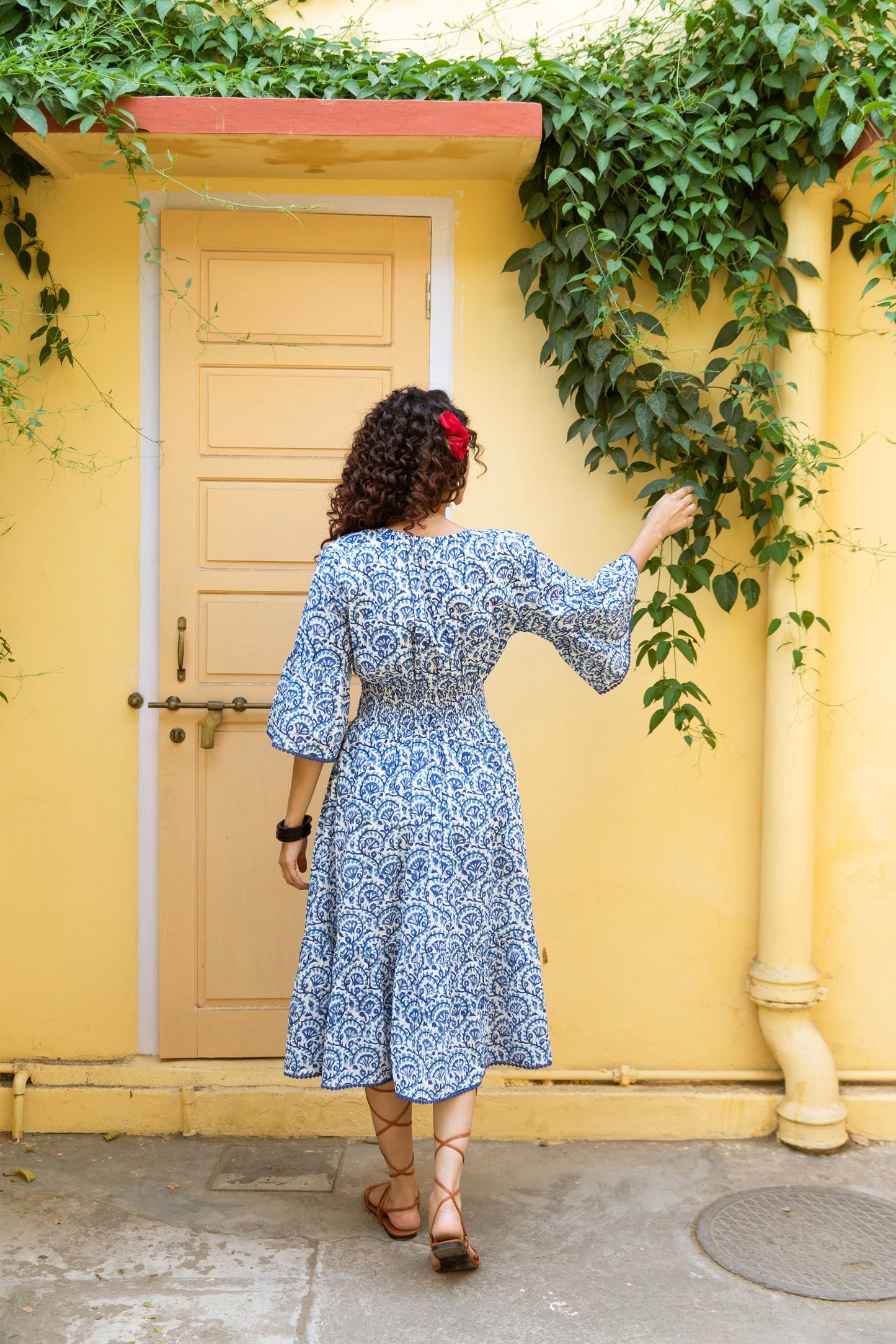 LEILA BLOCK PRINT COTTON MIDI DRESS  - BLUE JAAL