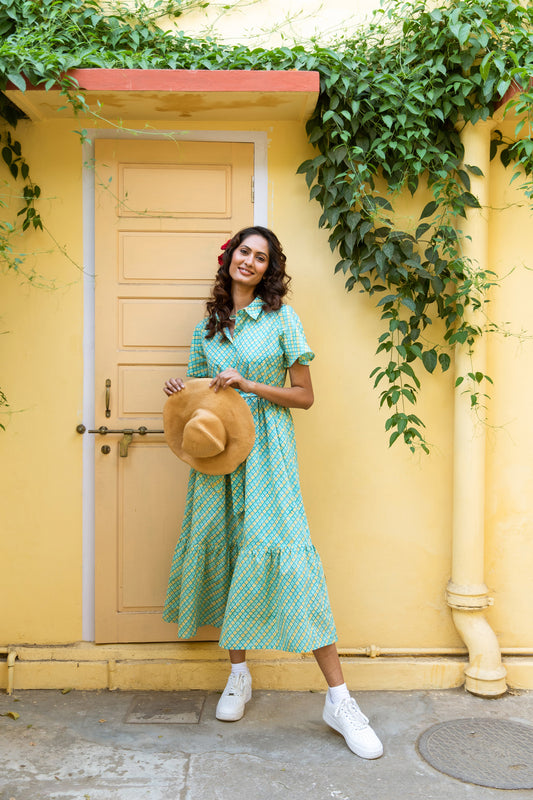 MILLI BLOCK PRINT COTTON SHIRT DRESS  - AQUAMARINE YELLOW