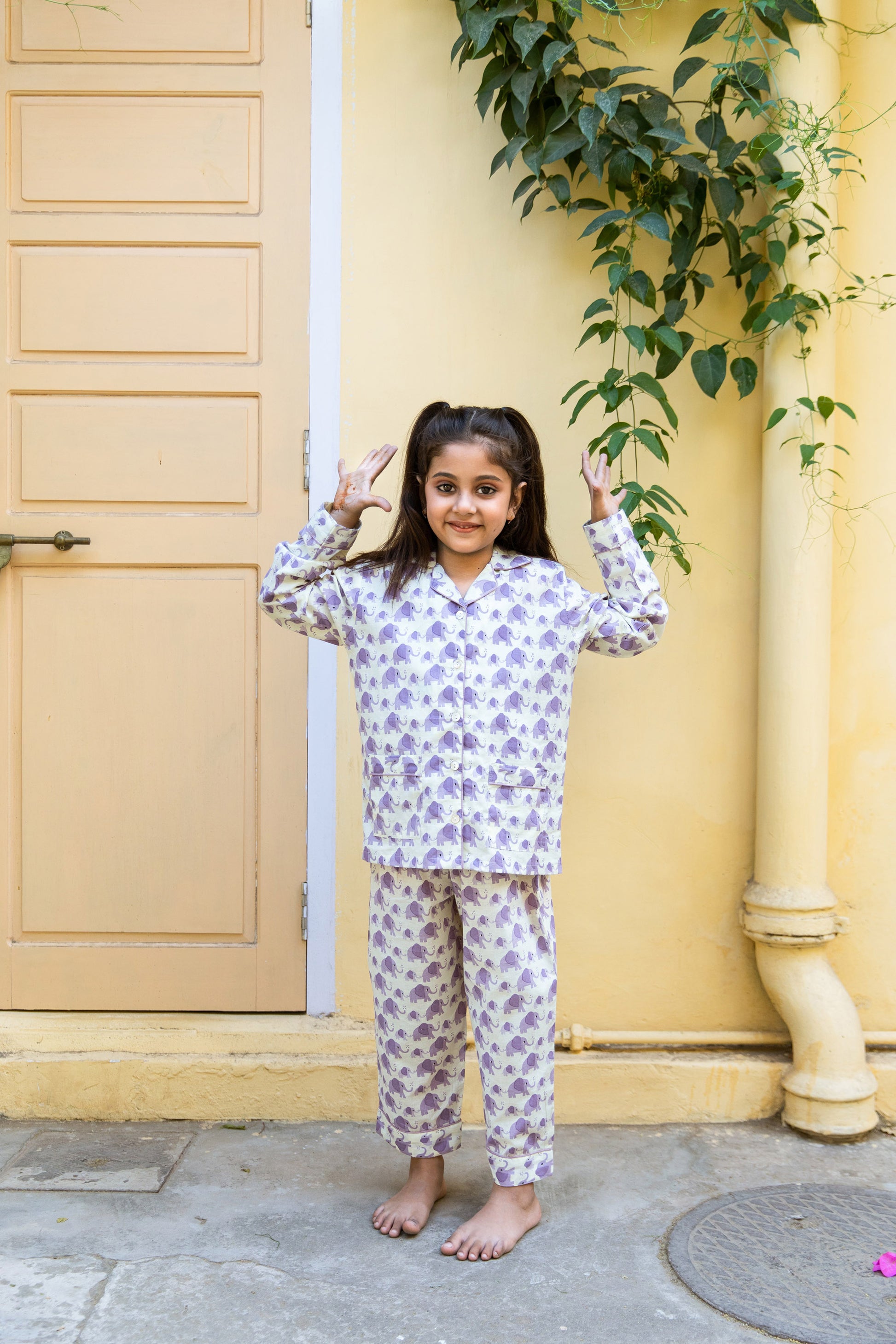 Kids Cotton Pyjamas in Purple Elephant Rooh London - Main Image