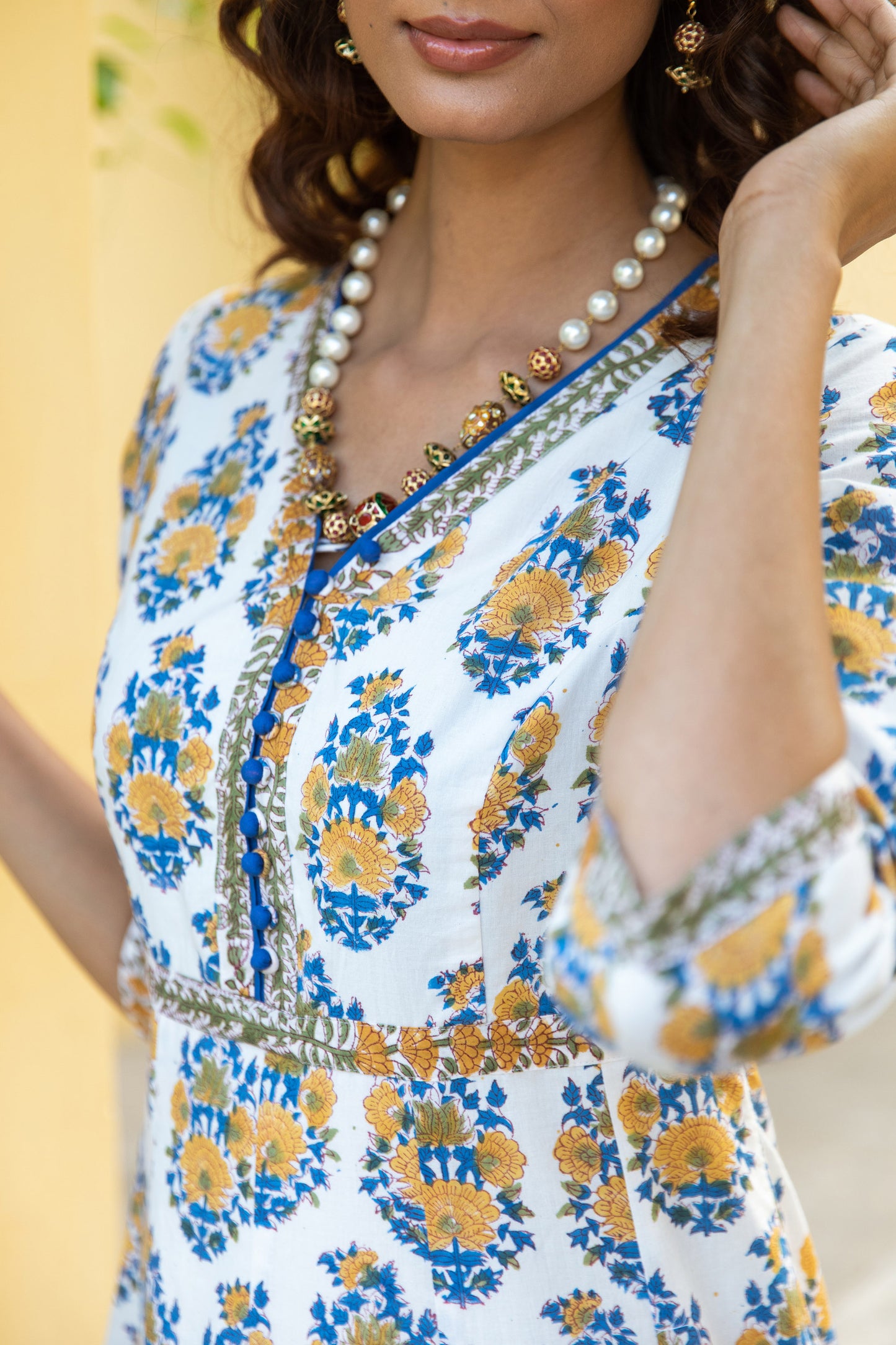 EESHA BLOCK PRINT COTTON ANARKALI DRESS  - YELLOW & BLUE FLORAL BOOTI