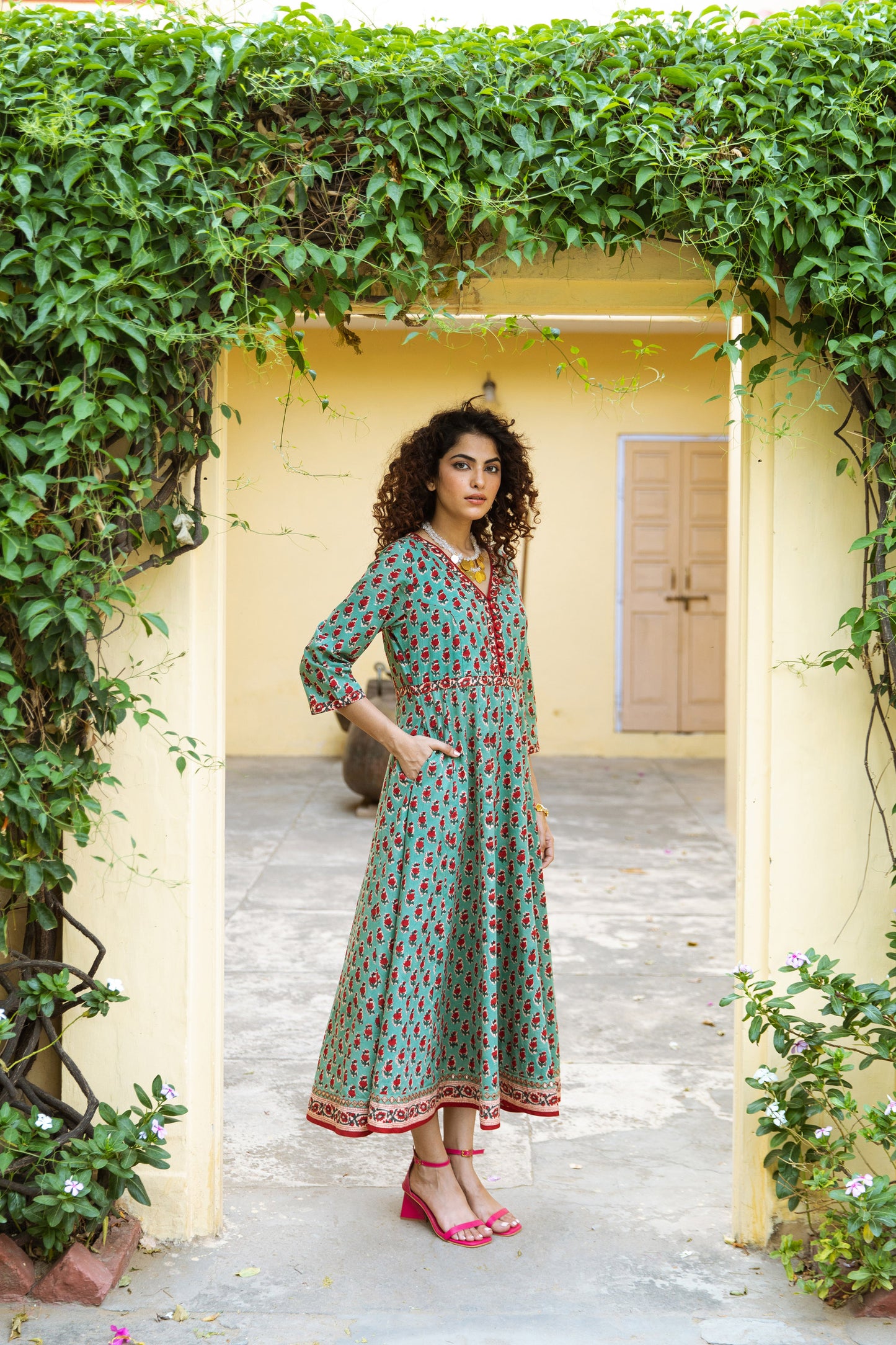 EESHA BLOCK PRINT COTTON ANARKALI DRESS  - GREEN & RED FLORAL BOOTI