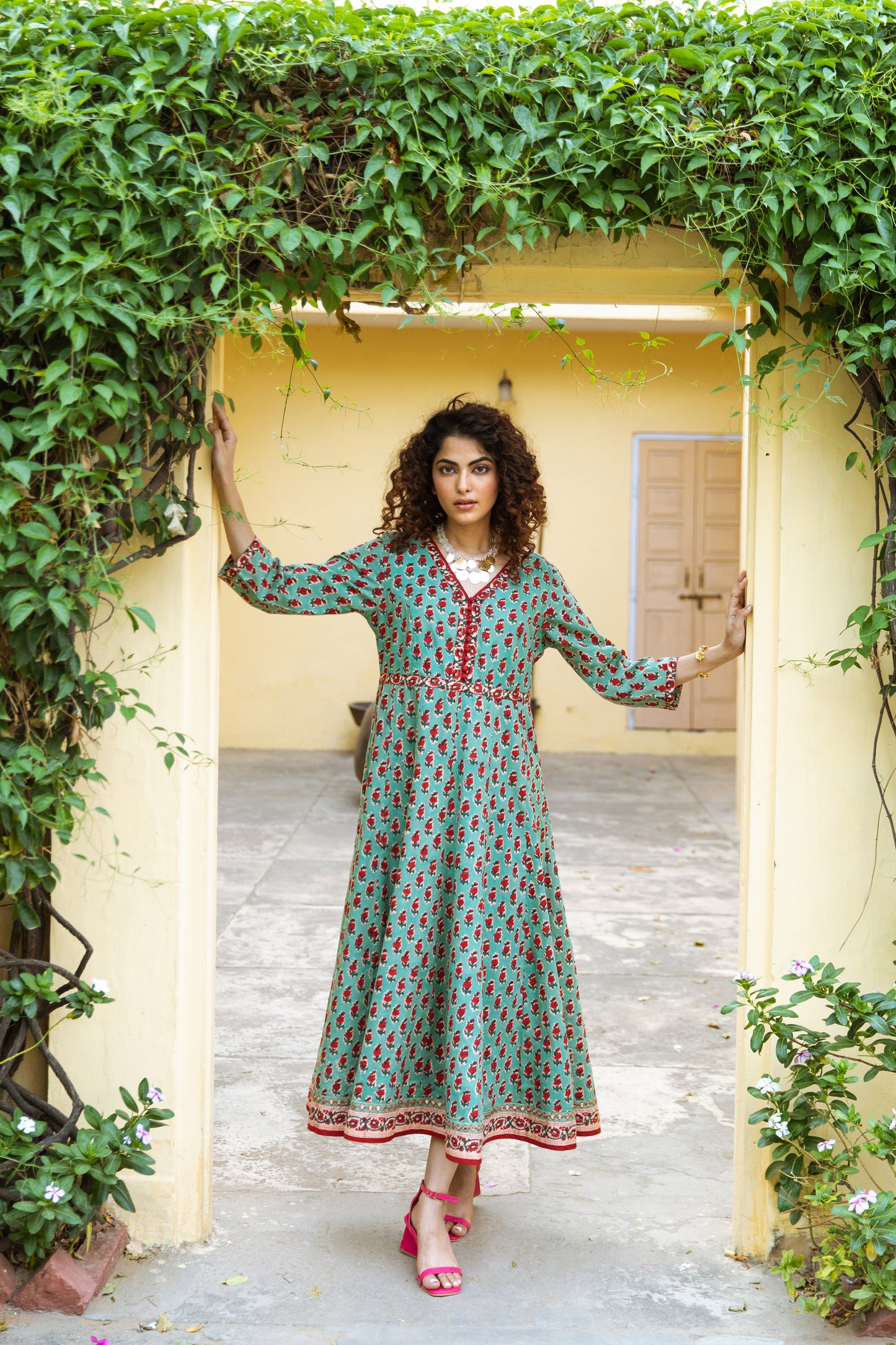 EESHA BLOCK PRINT COTTON ANARKALI DRESS  - GREEN & RED FLORAL BOOTI