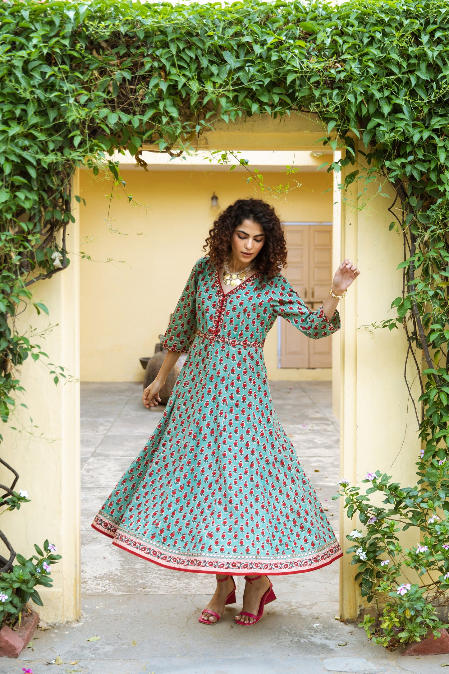 EESHA BLOCK PRINT COTTON ANARKALI DRESS  - GREEN & RED FLORAL BOOTI