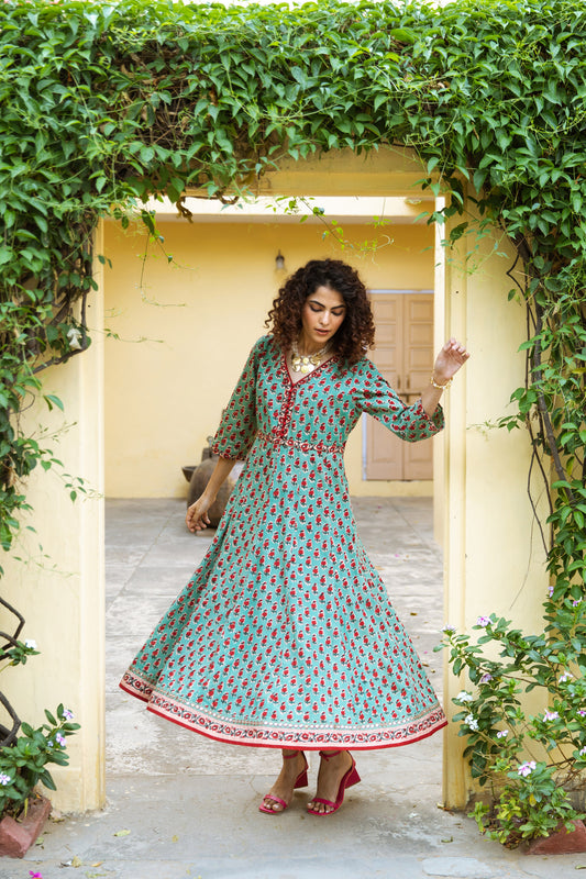 EESHA BLOCK PRINT COTTON ANARKALI DRESS  - GREEN & RED FLORAL BOOTI