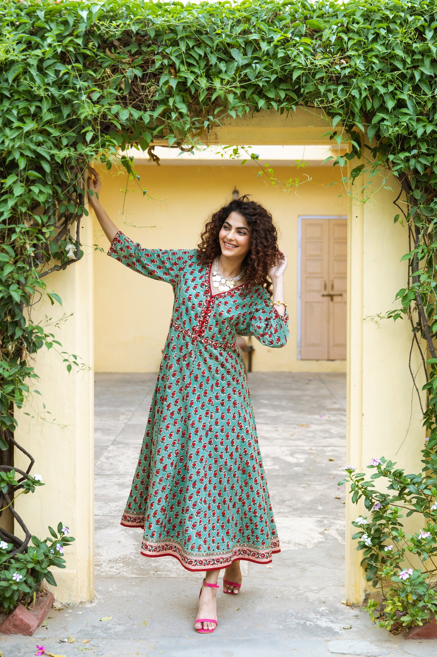 EESHA BLOCK PRINT COTTON ANARKALI DRESS  - GREEN & RED FLORAL BOOTI