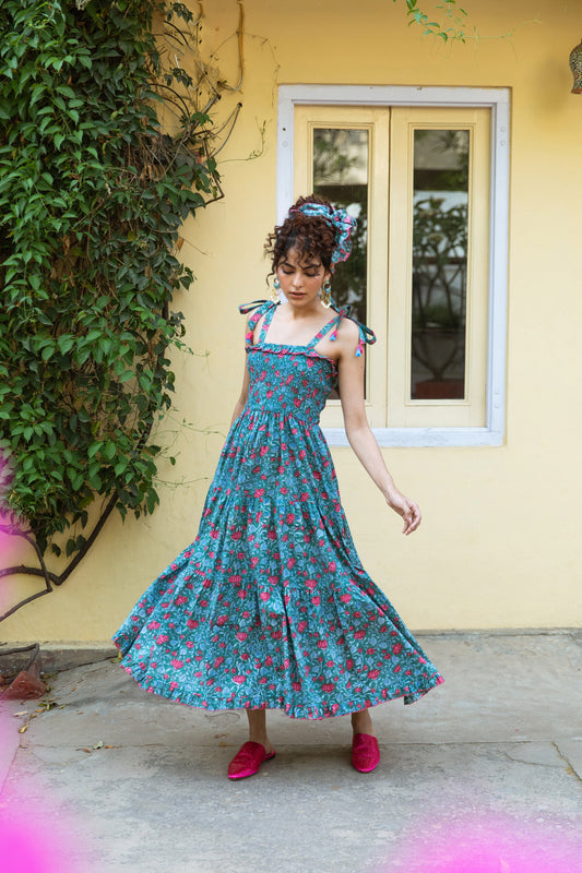 DIYA BLOCK PRINT COTTON SUMMER DRESS  - GREEN & PINK LOTUS