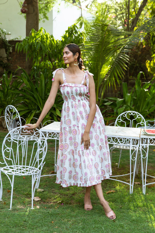 DIYA BLOCK PRINT COTTON SUMMER DRESS  - WHITE & PINK FLORAL