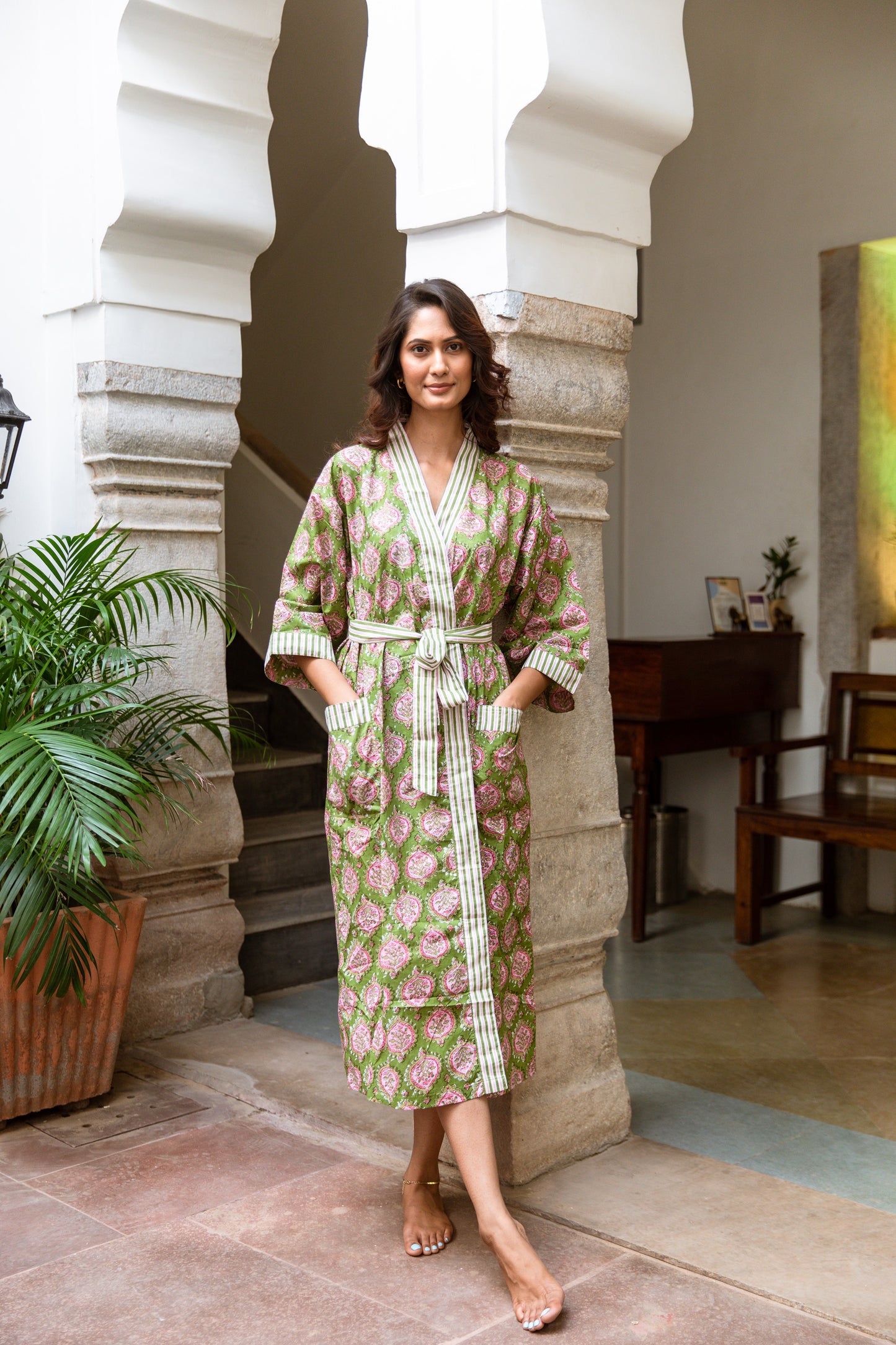 GREEN AND LIGHT PINK LEAF BOOTI PRINT ROBE