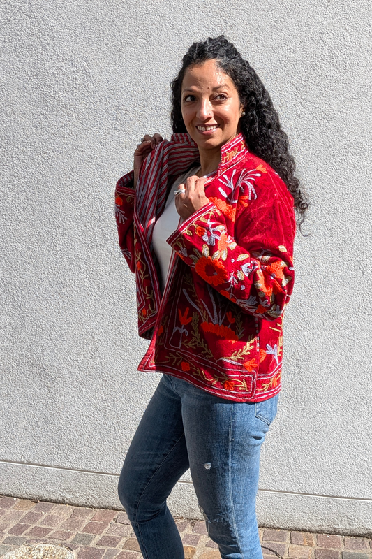 VELVET SUZANI JACKET - CRIMSON RED FLORAL