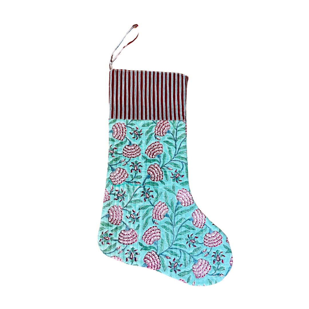 BLOCK PRINT QUILTED CHRISTMAS STOCKING - GREEN & MAROON FLORAL VINE