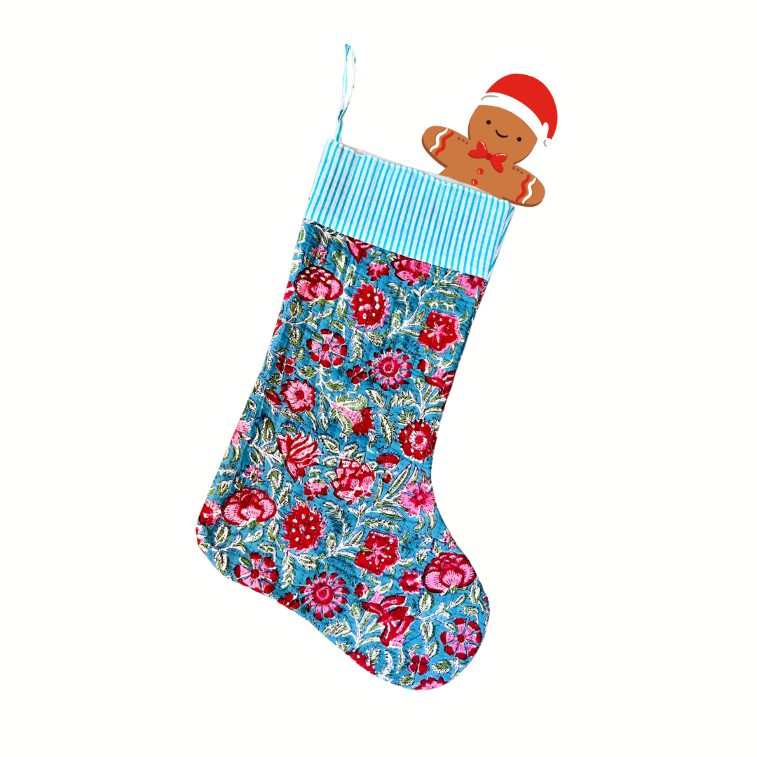BLOCK PRINT QUILTED CHRISTMAS STOCKING - BLUE & RED FLORAL VINE
