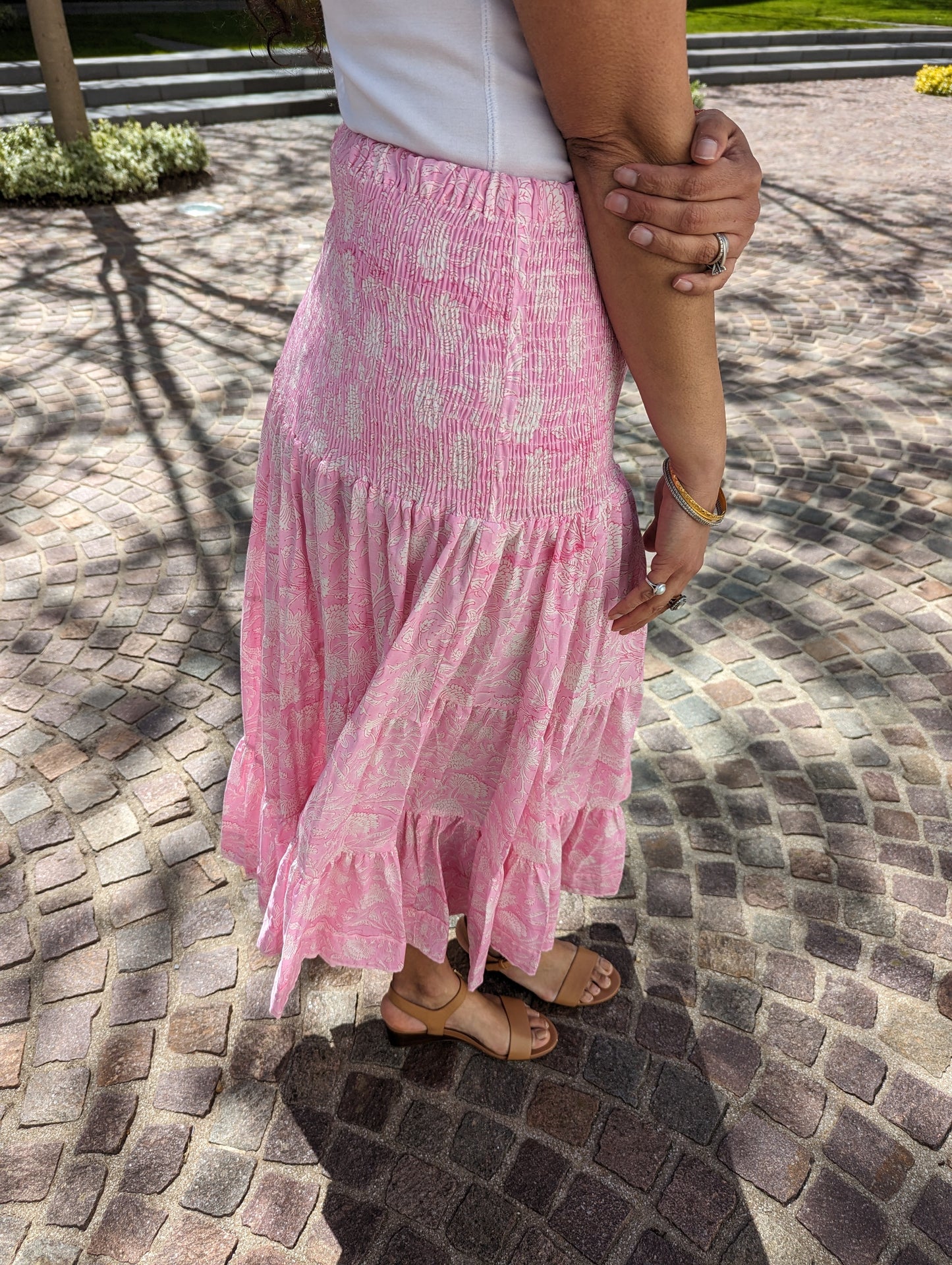 LONG BLOCK PRINT BOHEMIAN SKIRT -PINK & WHITE FLORAL VINE