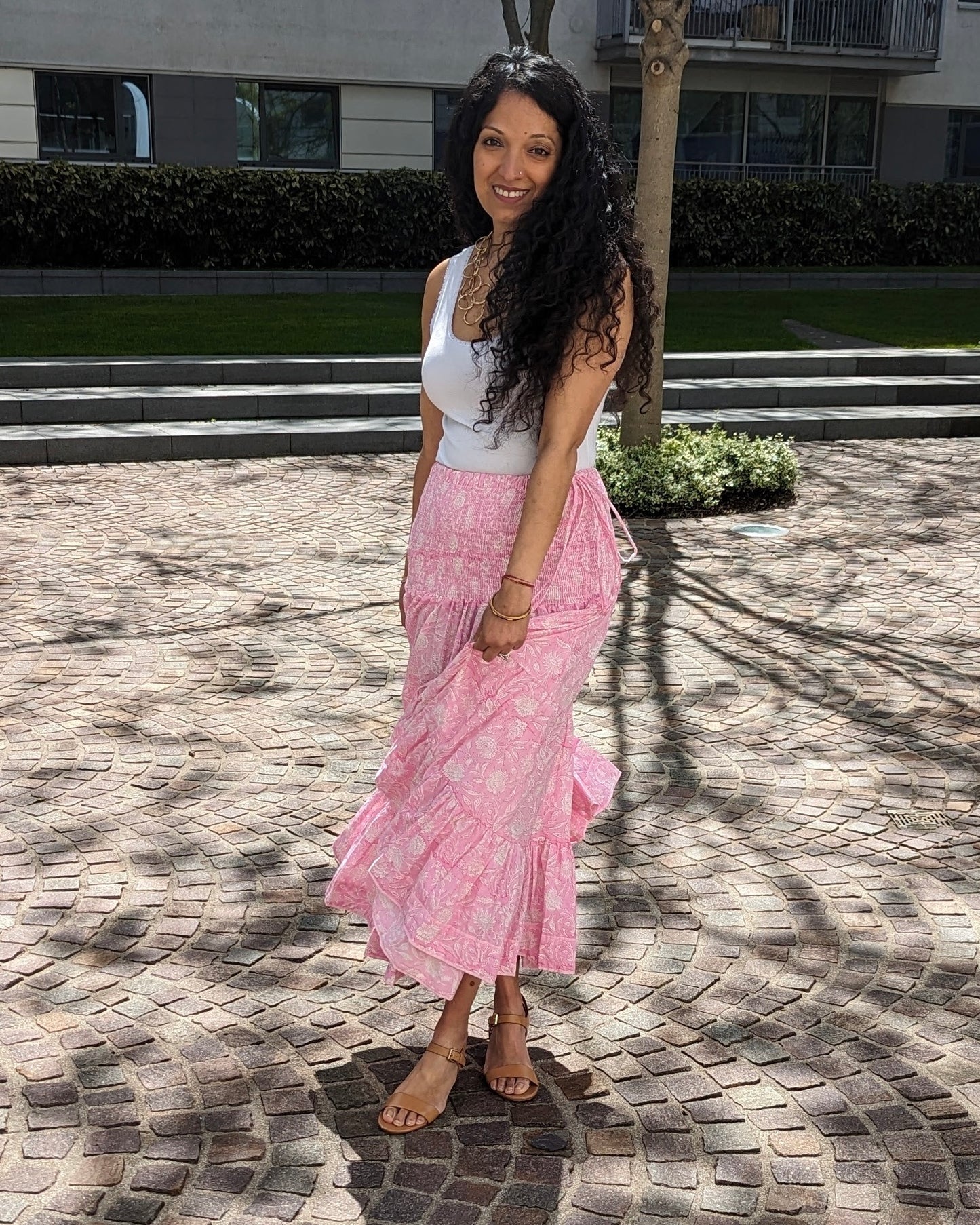 LONG BLOCK PRINT BOHEMIAN SKIRT -PINK & WHITE FLORAL VINE